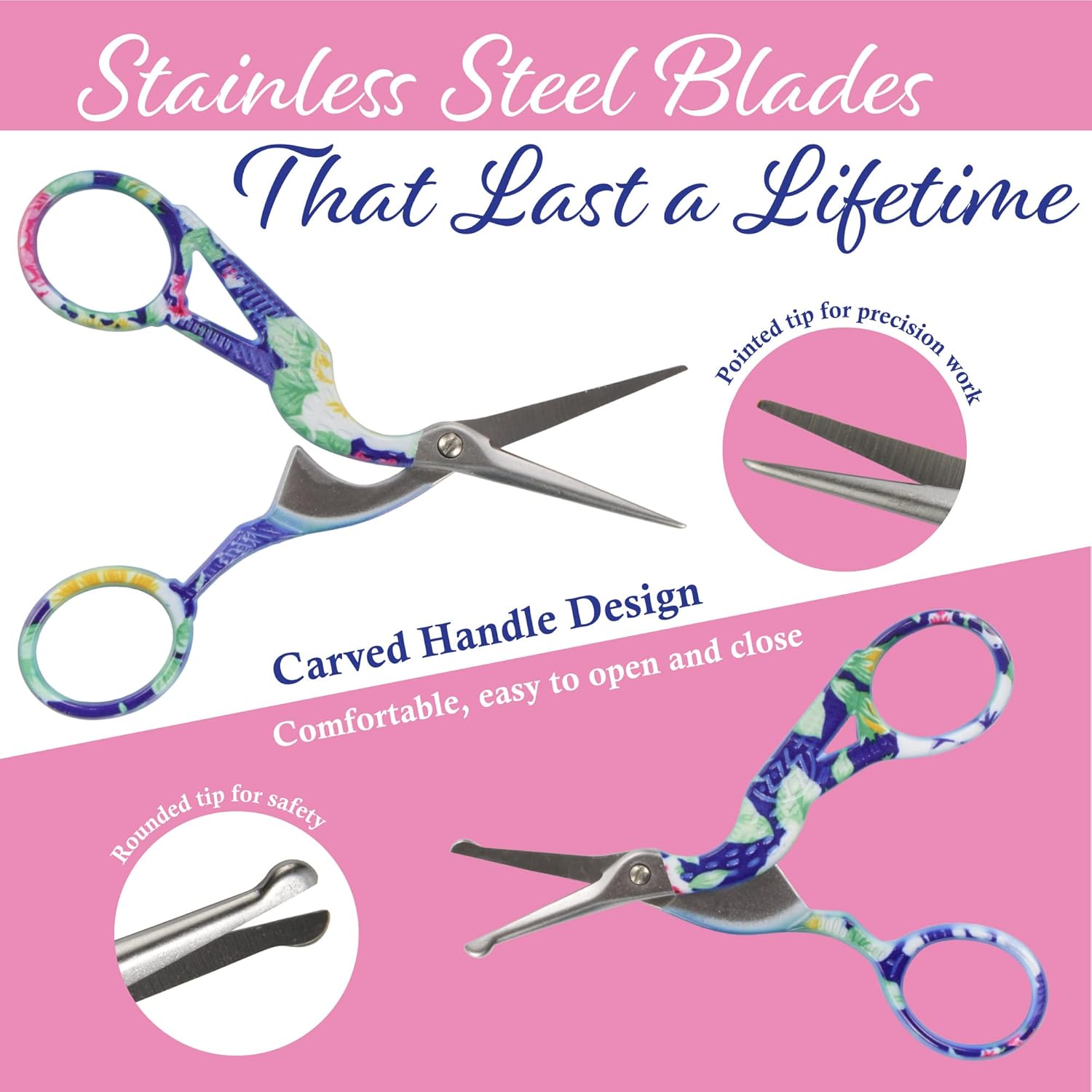 Stork Bird Rounded Safety Tip Embroidery Craft Stainless Steel Crane Scissors - Red - 6 Pairs