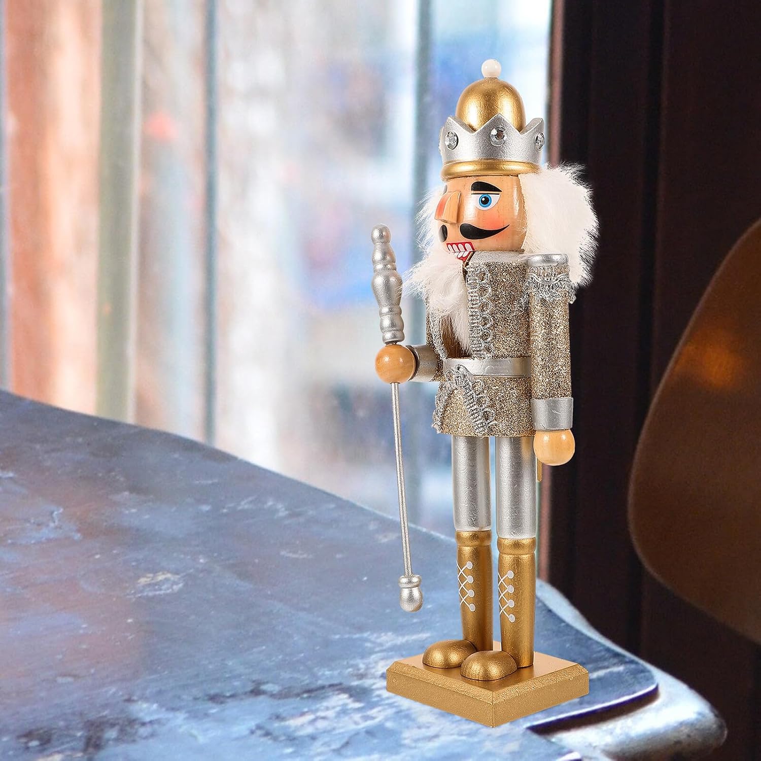 30cm Wooden Nutcracker Puppet with Blue Glitter, Christmas Nutcracker Decor for Holiday Tabletop and Shelf Display