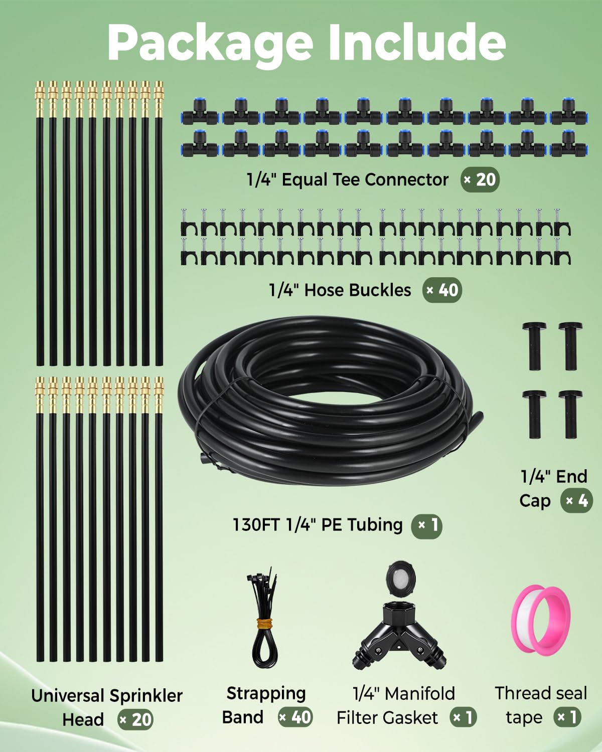 Sistema de riego por goteo de 130 pies para jardín: 20 boquillas de tubo de polietileno de 1/4 pulgadas, kit de riego automático, manguera de rociador de rociador ajustable para plantas de agua, cinta