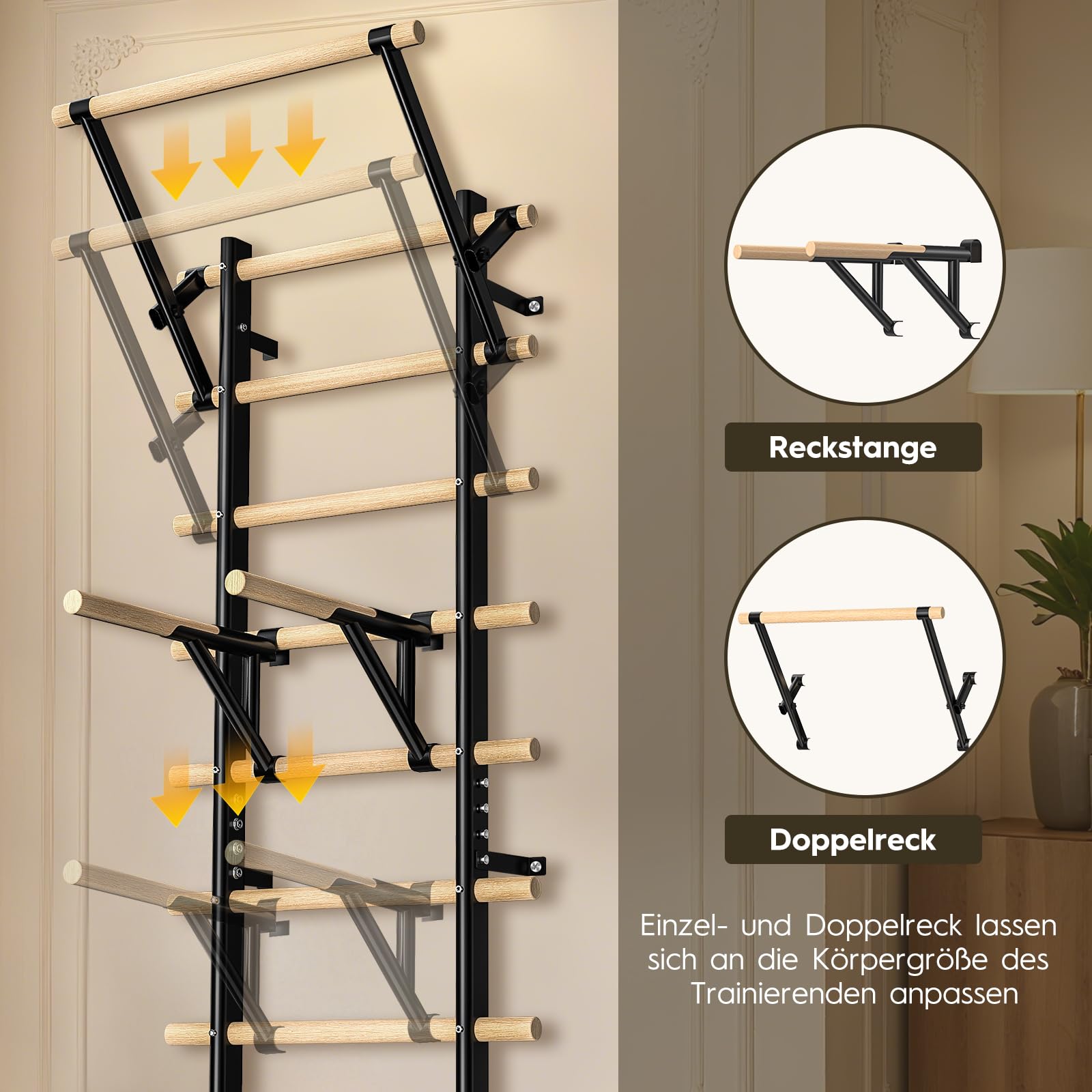 Barra de dominadas y barra de inmersión – 220 cm de madera de haya para montar en la pared – Carga máxima de 250 kg – Para entrenamiento de fuerza, calistenia y rehabilitación para adultos y niños