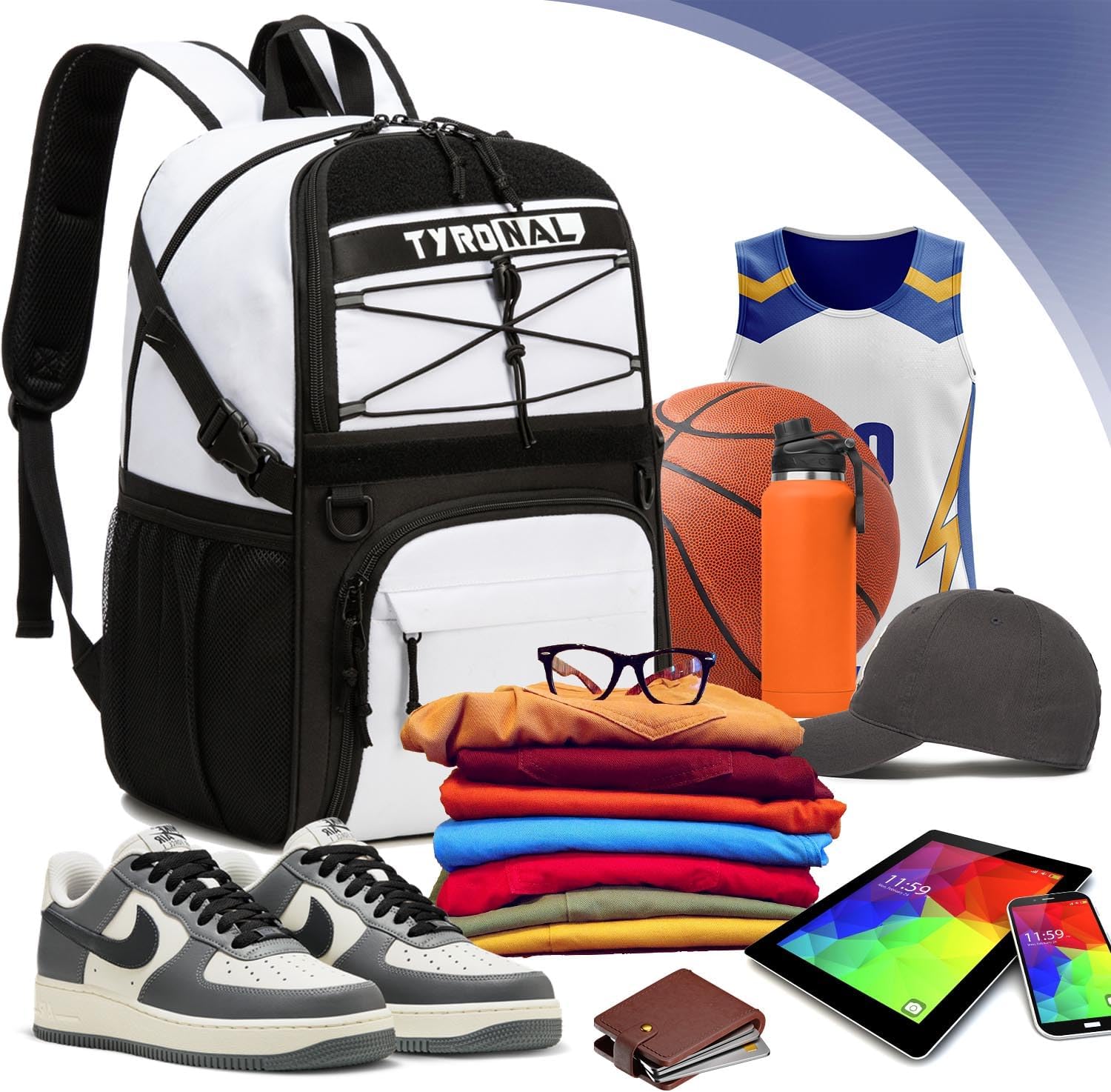 Basketball Bag Backpack with Ball Holder and Shoes Compartment | Sport Bags for Basketball, Soccer, Volleyball, Gym, School and Travel. (WHITE)