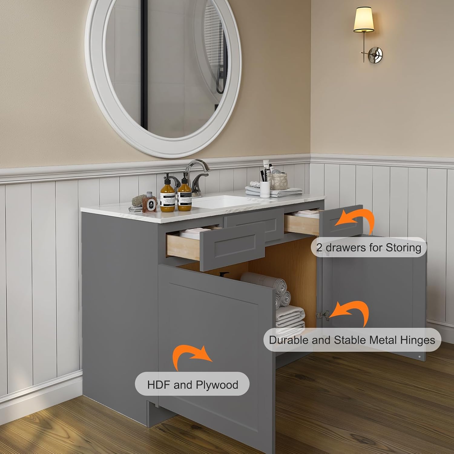 Close-up of ROOMTEC bathroom vanity showing open drawers, soft-close hinges, and construction materials (HDF and Plywood).