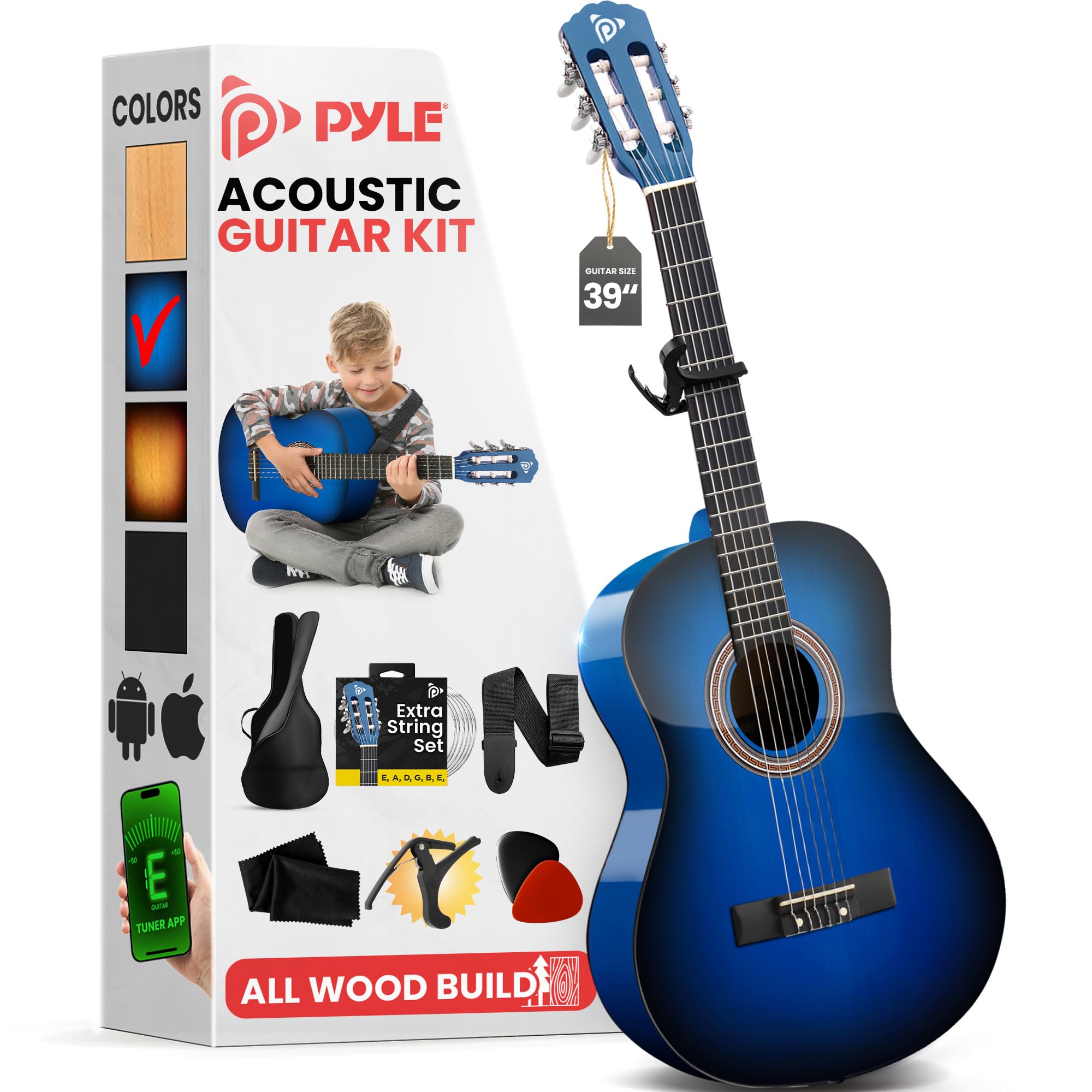 Pyle Kit per chitarra acustica per principianti, 4/4, strumento a corda in nylon con capotasto, custodia, tracolla, set di corde extra, chitarre per principianti, adulti e giovani, 101,6 cm, blu