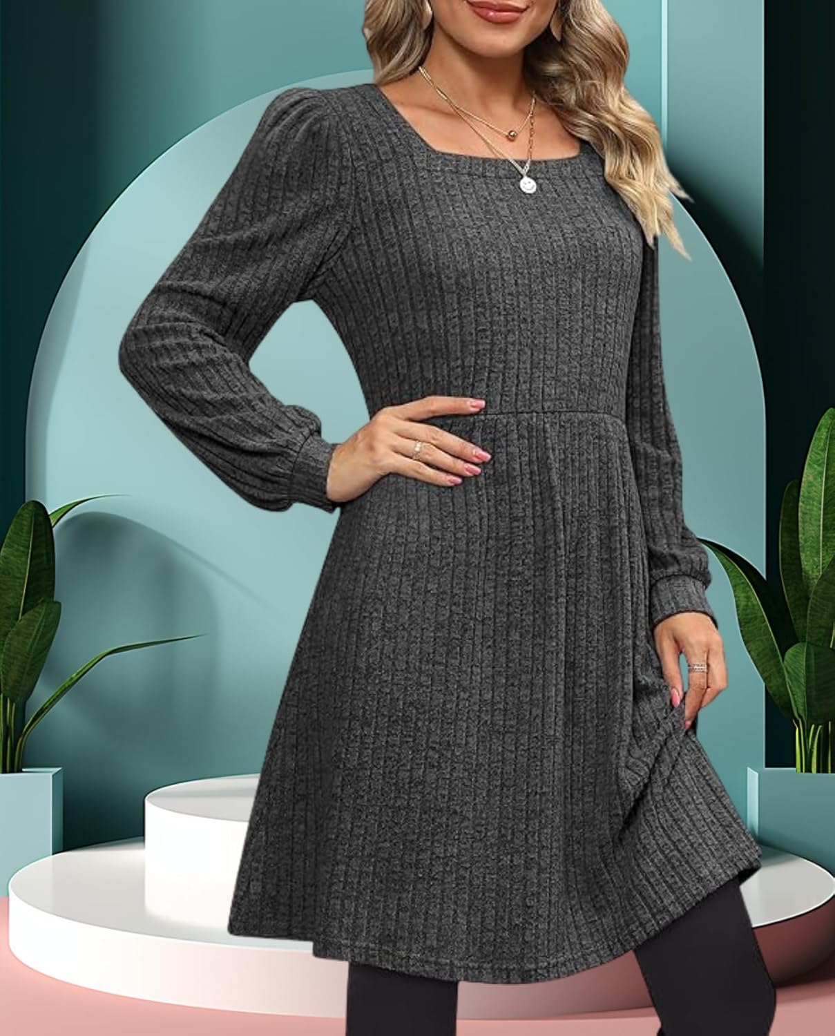 LIZALIG Womens Fall Dress Long Sleeve Square Neck Dresses Knit Wedding Guest Sweater Dress with Pockets - Image 2