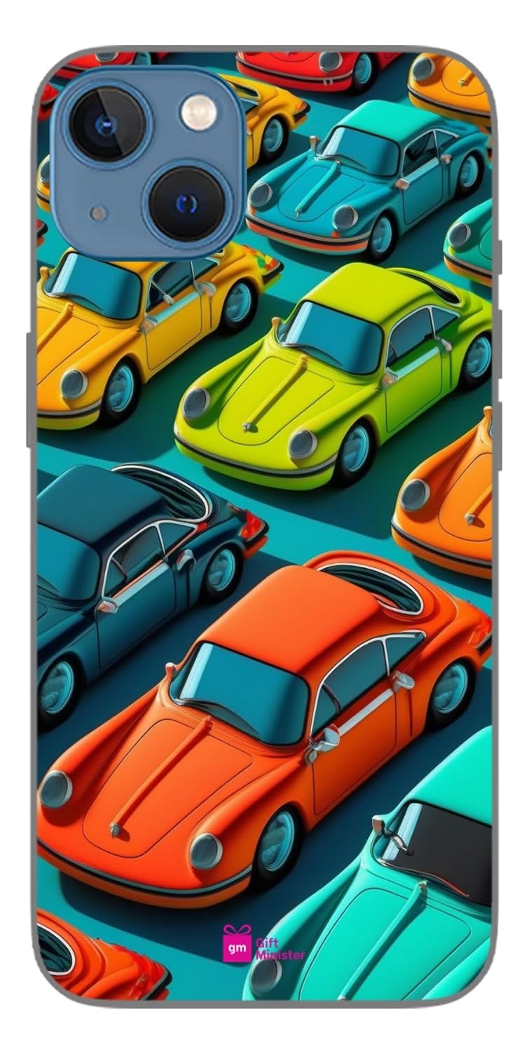 Gift Minister Silicone Designer Cover For Apple Iphone 13 Sandy Browncase – Realistic Car Models Pattern Bright Summer Cool Lightweight Flexible Anti-Slip Scratch Resistant Shockproof Clear 1Pcs 1695E