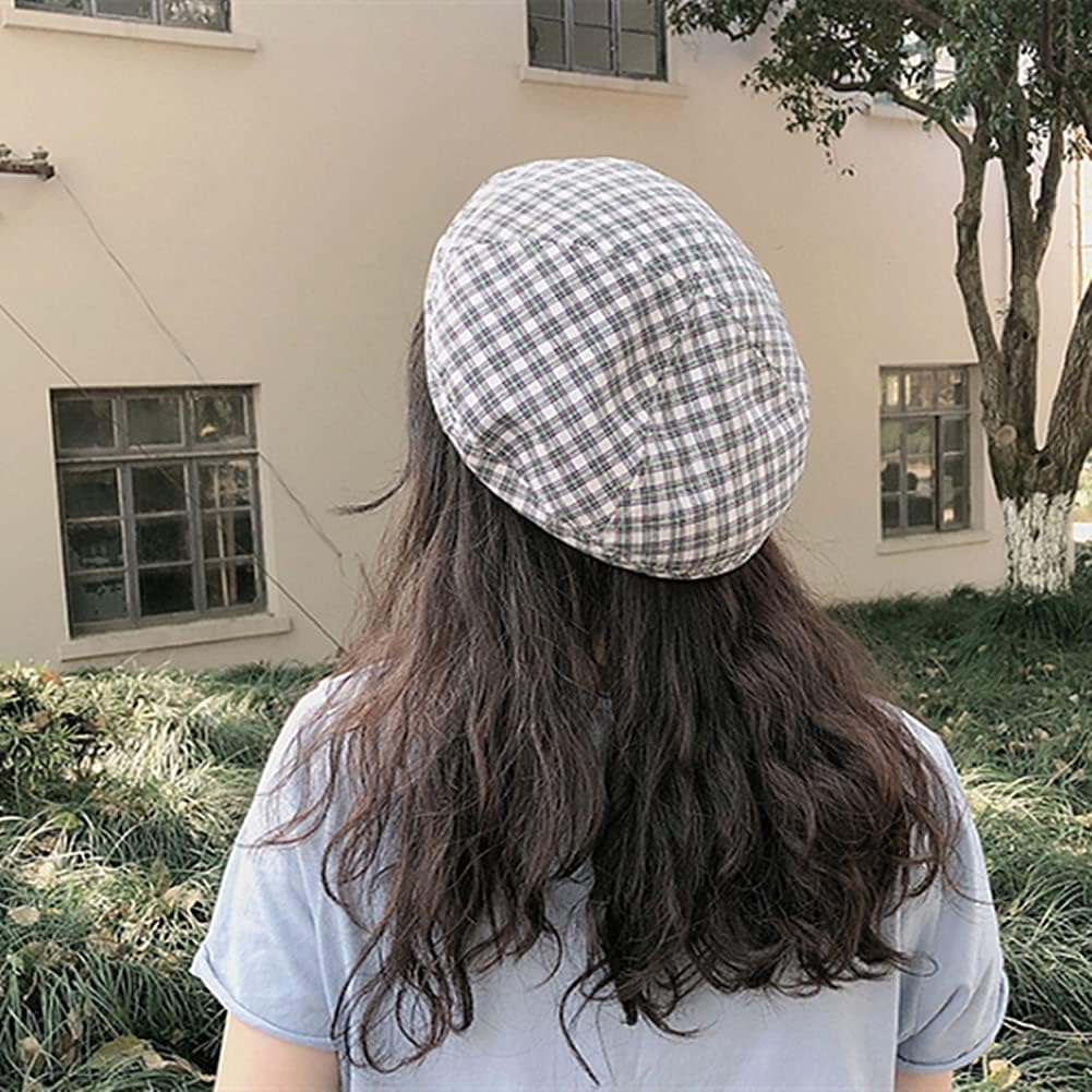 Beret Hat Chic Parisian Style Womens Adjustable Plaid Beanie Hat Lightweight Cotton Cap for Summer