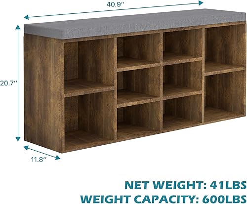 Miniatura 3 de YRLLENSDAN Banco de almacenamiento de 10 compartimientos, zapatero de 3 niveles, estante ajustable, cojín extraíble, negro, madera de ingeniería