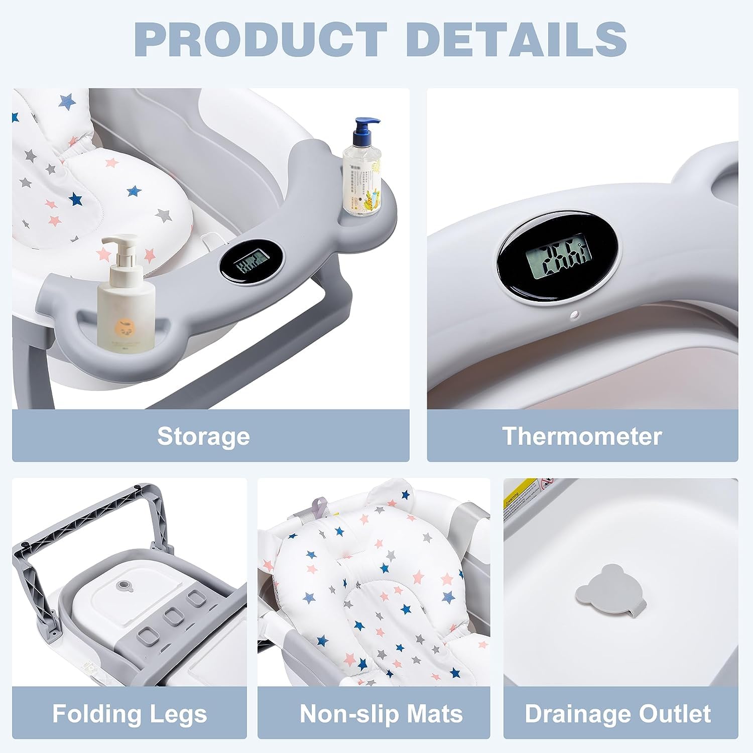 Foldable Baby Bath Tub for Newborn to Toddler, Infant to Toddler, Soft Cushion, Drain Hole, Pink