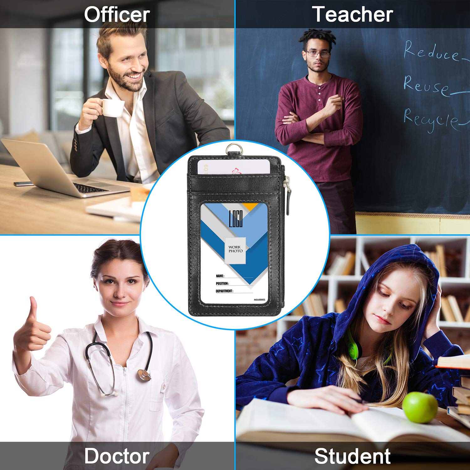 Badge Holder with Zip, Wisdompro 2Sided Vertical Style PU Leather ID