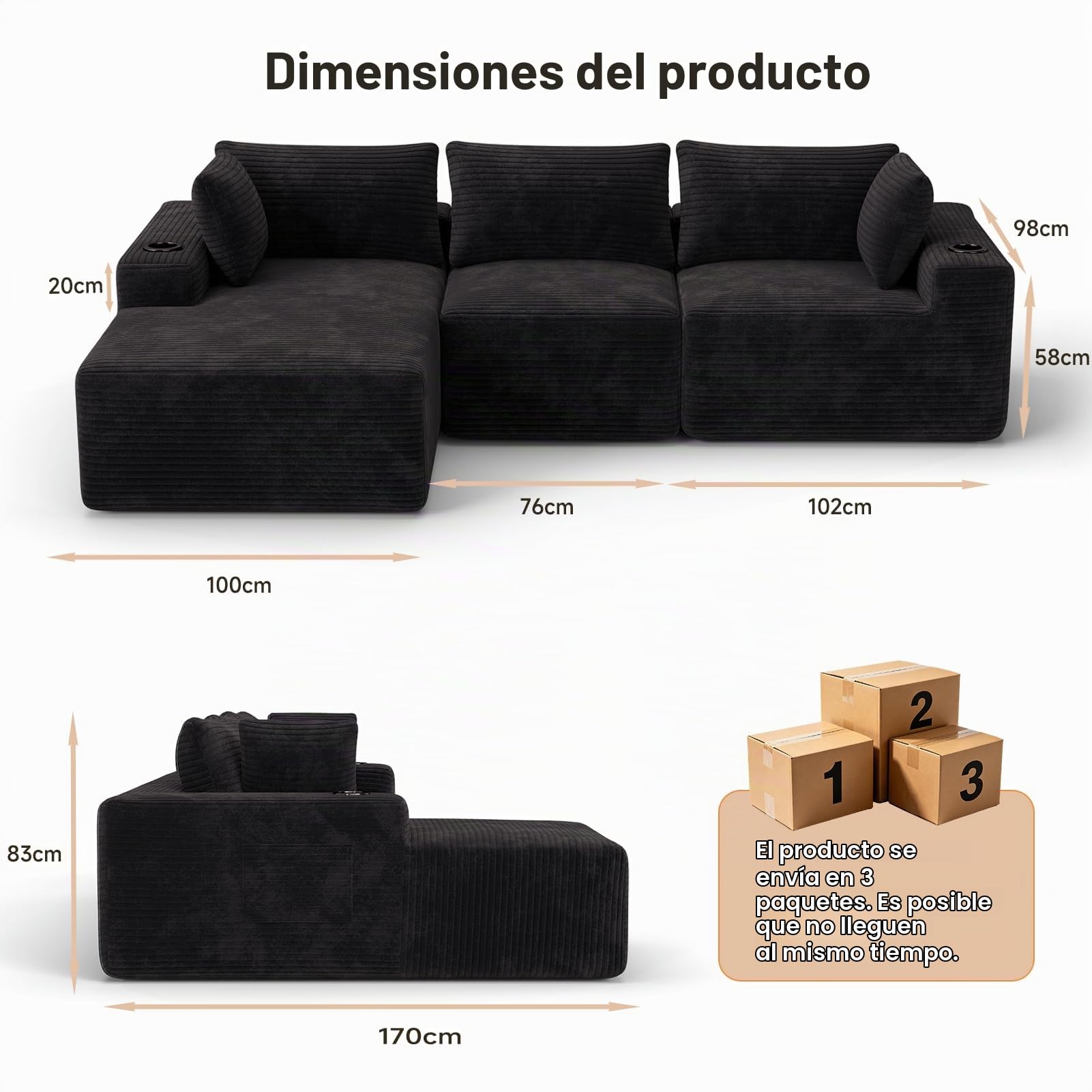 HAUSPROFI Sofá esquinero con función de Dormir, Modular en Forma de L con Funda de Pana – 3 plazas con Recamiere, se Puede Utilizar como sofá Cama de 2 plazas, Embalaje al vacío