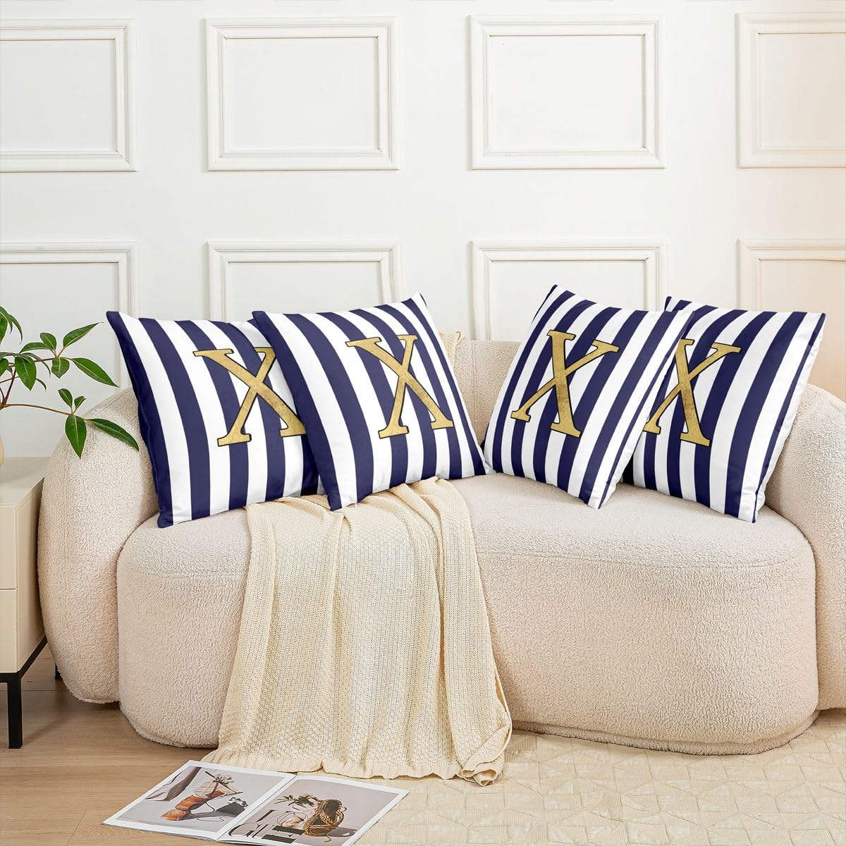 Homemissing Set di 4 federe per cuscini quadrate con monogramma lettera X, a righe blu navy, con iniziale in lamina d'oro, personalizzate, tema classico preppy, 45 x 45 cm