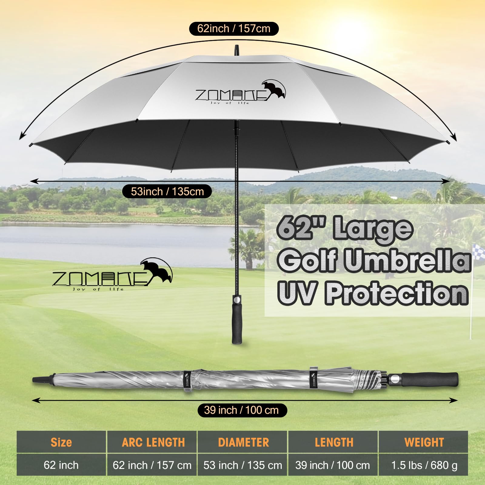 ZOMAKE Paraguas Golf Grande XXL 68/62 pulgadas UV Antiviento Doble Cubierta Mango Madera