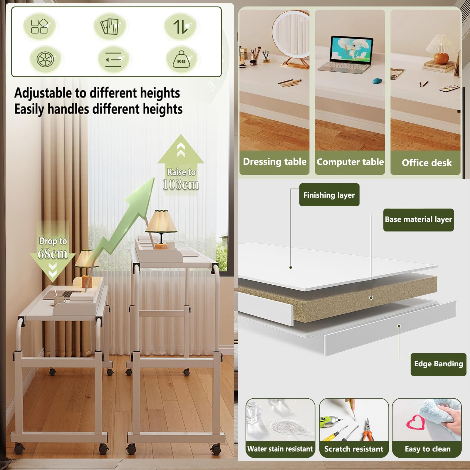 Bureau à roulettes Au-Dessus du Lit, Hauteur 65-95cm, Bureau pour Ordinateur Portable en Largeur 114-210CM avec 4 Roulette Verrouillable,pour travailler à la maison ou à l'hôpital