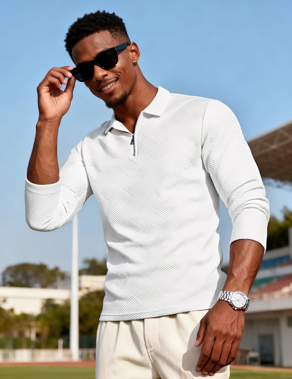 UOUA Men's Polo Shirt Quarter Zip Tops Soild Casual Geometric Texture Long Sleeve Sweaters Pullover Golf Sweatshirts - Image 2