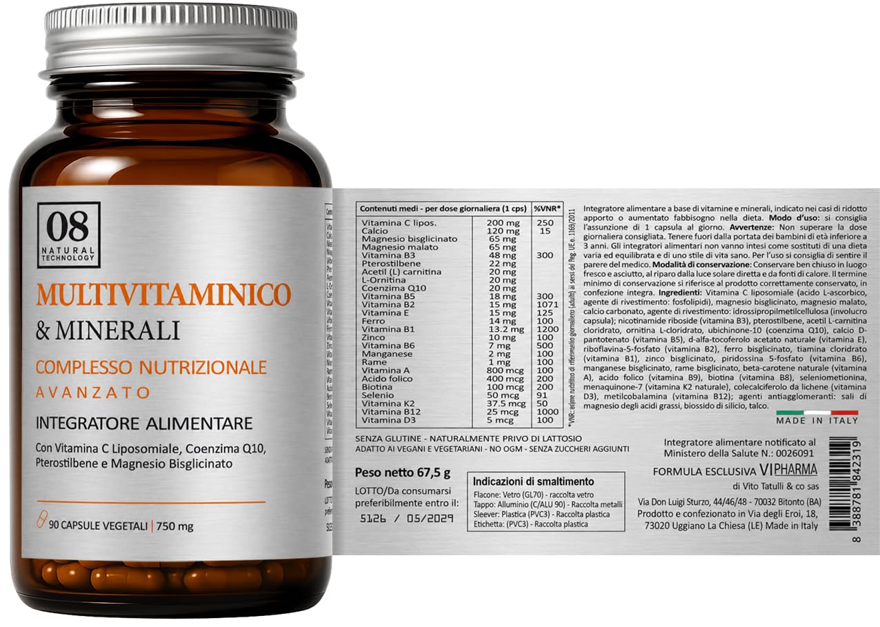 Multivitaminico & Minerali - 90 Capsule - Integratore Alimentare con Vitamina C Liposomiale, Coenzima Q10, Pterostilbene e Magnesio Bisglicinato - Adatto ai Vegani, Senza Glutine