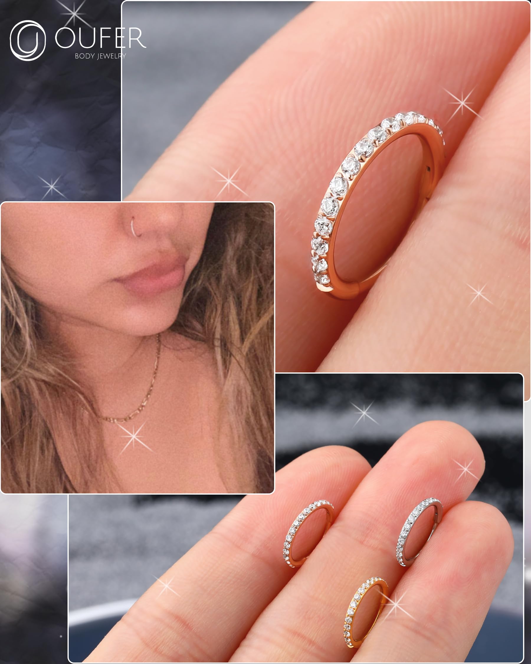 OUFER 18G 20G Nose Ring Hoops Hinged Seamless Segment Helix Piercings Nostril Clicker 316L Stainless Steel CZ Line Daith Tragus Cartilage Earring Jewellery — view 2