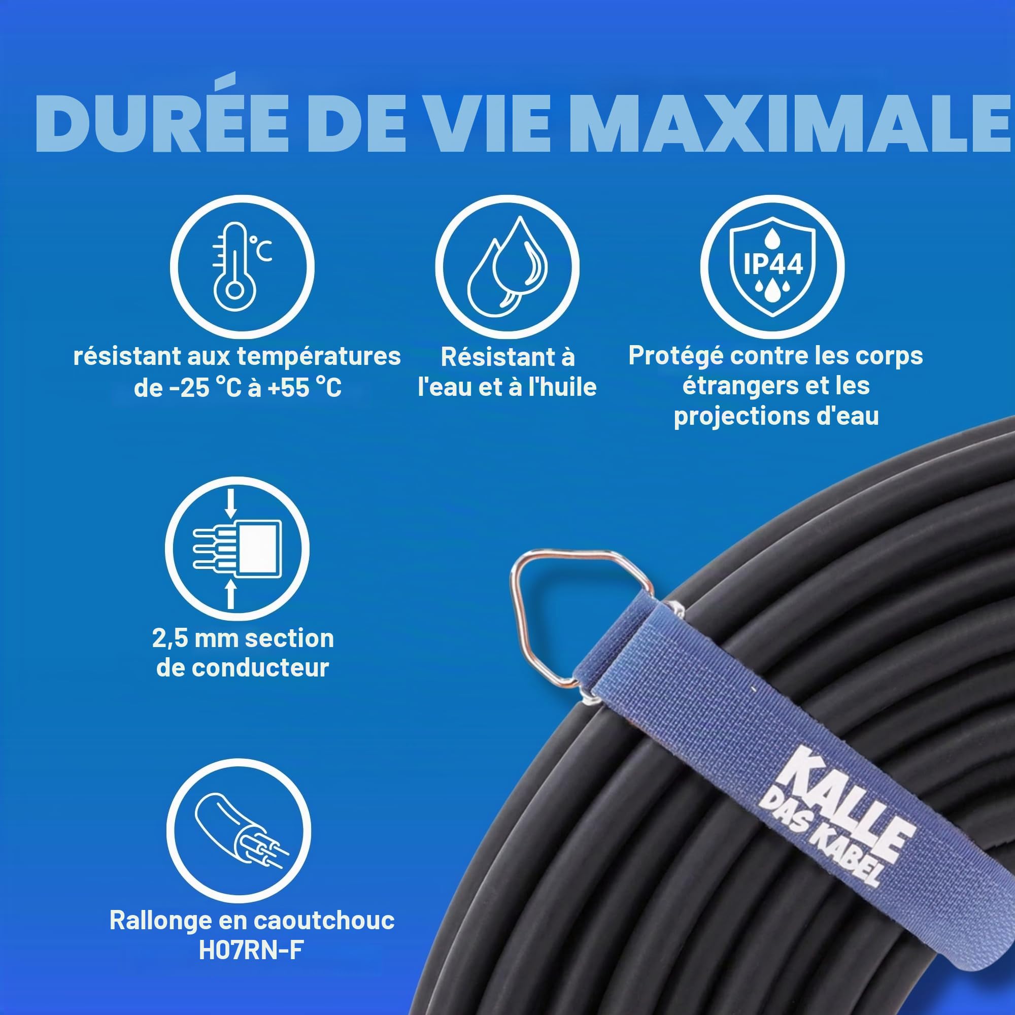 Fritz das Kabel Rallonge CEE en caoutchouc avec fiche coudée 230 V H07RN-F 3G 2,5 mm², 230.00 voltsV