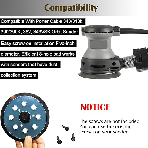Miniatura 6 de Paquete de 2 almohadillas de lijadora de repuesto de 5 pulgadas y 8 agujeros para cable Porter 343, 343k, 390, 390K, 382, 343VSK - Almohadilla de