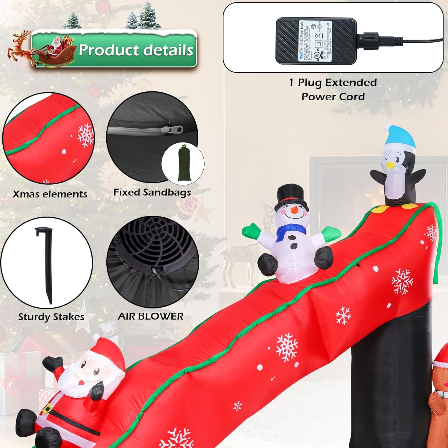 9.7 Ft Long Christmas Inflatables Christmas Blow Up Yard Decorations Christmas Inflatable Santa Clause Snowman Penguin Gingerbread Man Play on Slide Lighted Up Yard Lawn Garden Home Party Decor