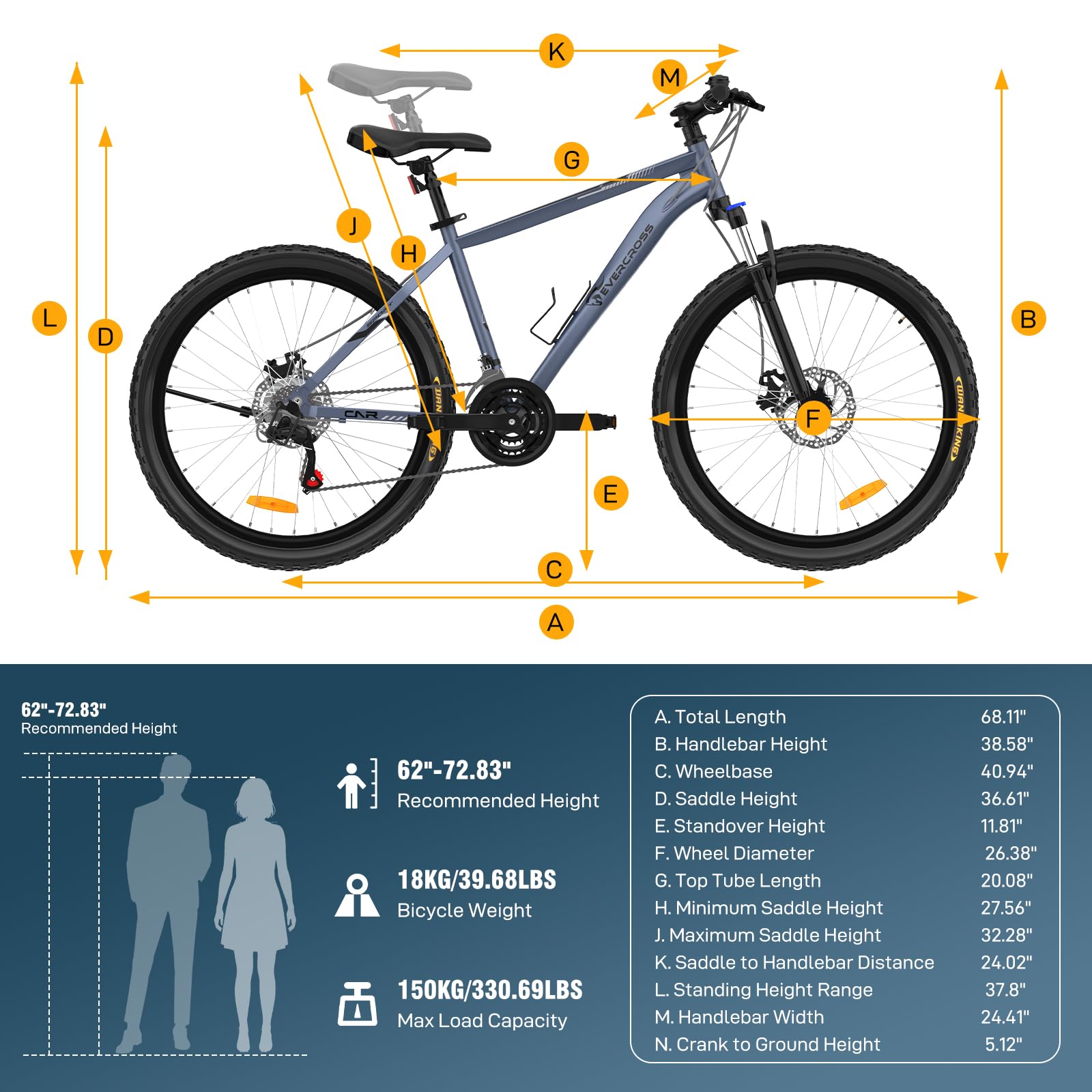 EVERCROSS Bicicleta de Montaña para Adultos, Bicicleta de 26 Pulgadas, Sistema de 21 Velocidades, Cuadro de Aluminio con Suspensión Delantera, Bike Todoterreno con Frenos de Disco, Carga Máx.150 kg