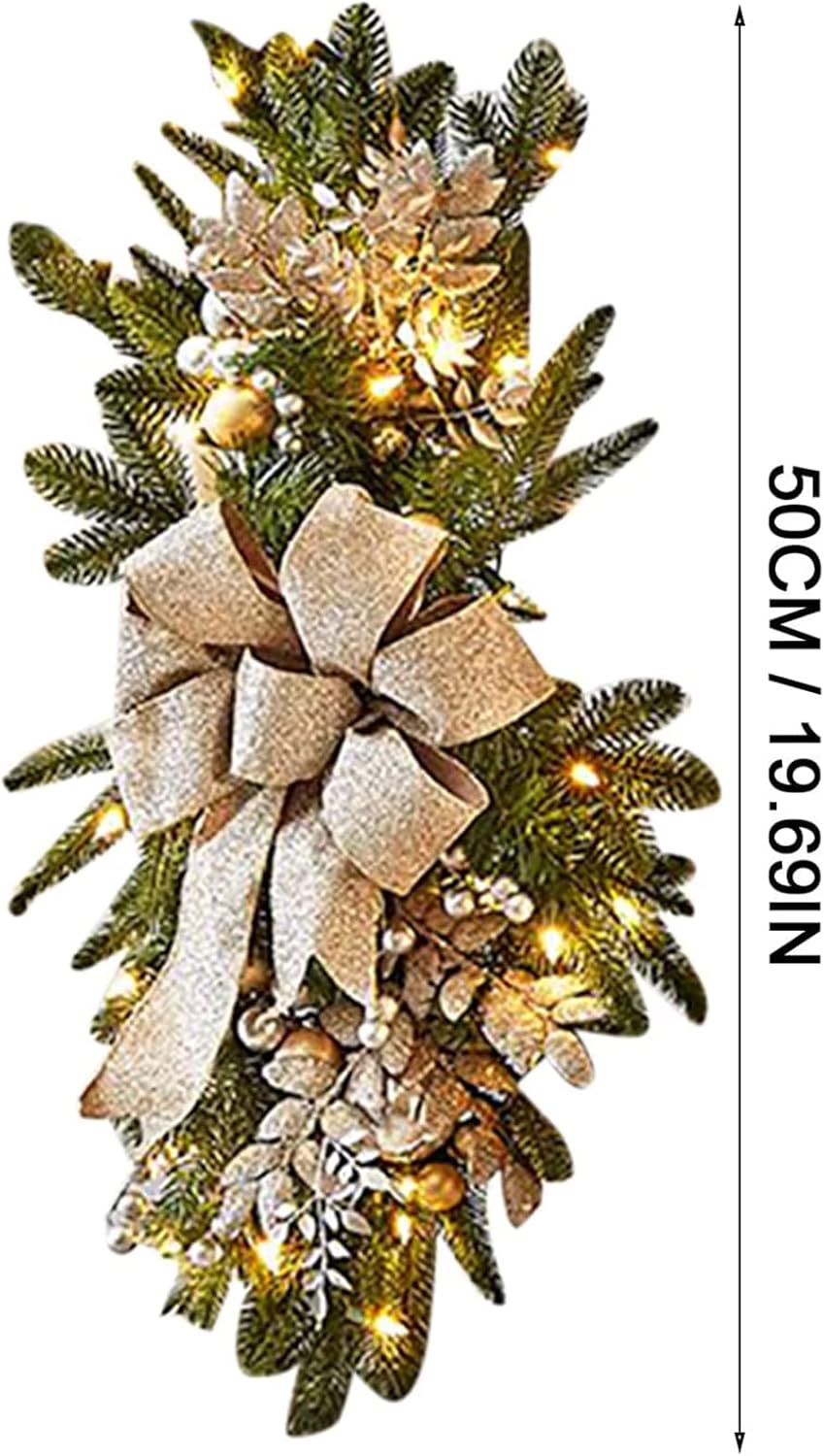 Light Up Christmas Swag Wreath 2024 -Cordless Prelit Stairway Swag Trim -Christmas Swag Wreaths for Front Door Wall Window -Hanging Stair Teardrop Swag Garlands -Hanging Ornament Decor 2pcs (Gold)