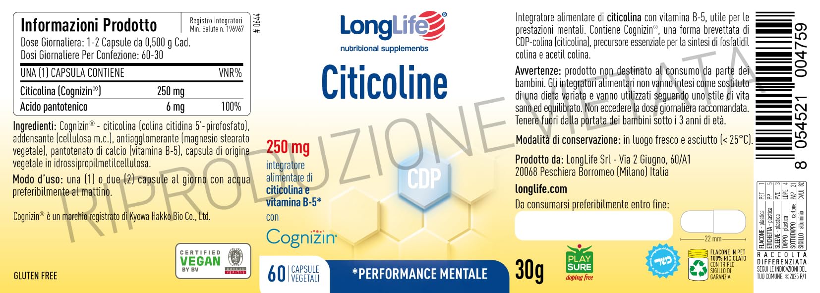 LongLife® Citicoline | Citicolina e acido pantotenico | Cognizin® marchio registrato | Supporto cognitivo e mentale | Memoria e concentrazione | Fino a 2 mesi di trattamento | Vegano e senza glutine