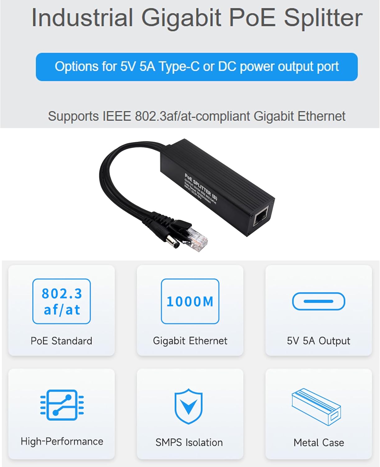Industrial Gigabit PoE Splitter with IEEE 802.3af/at-Compliant 10/100/1000Mbps,Power Over Ethernet Splitter Adapter for Raspberry Pi 5 4B 3B+ 3B/Network Camera, 5V 5A 25W Output, DC Port