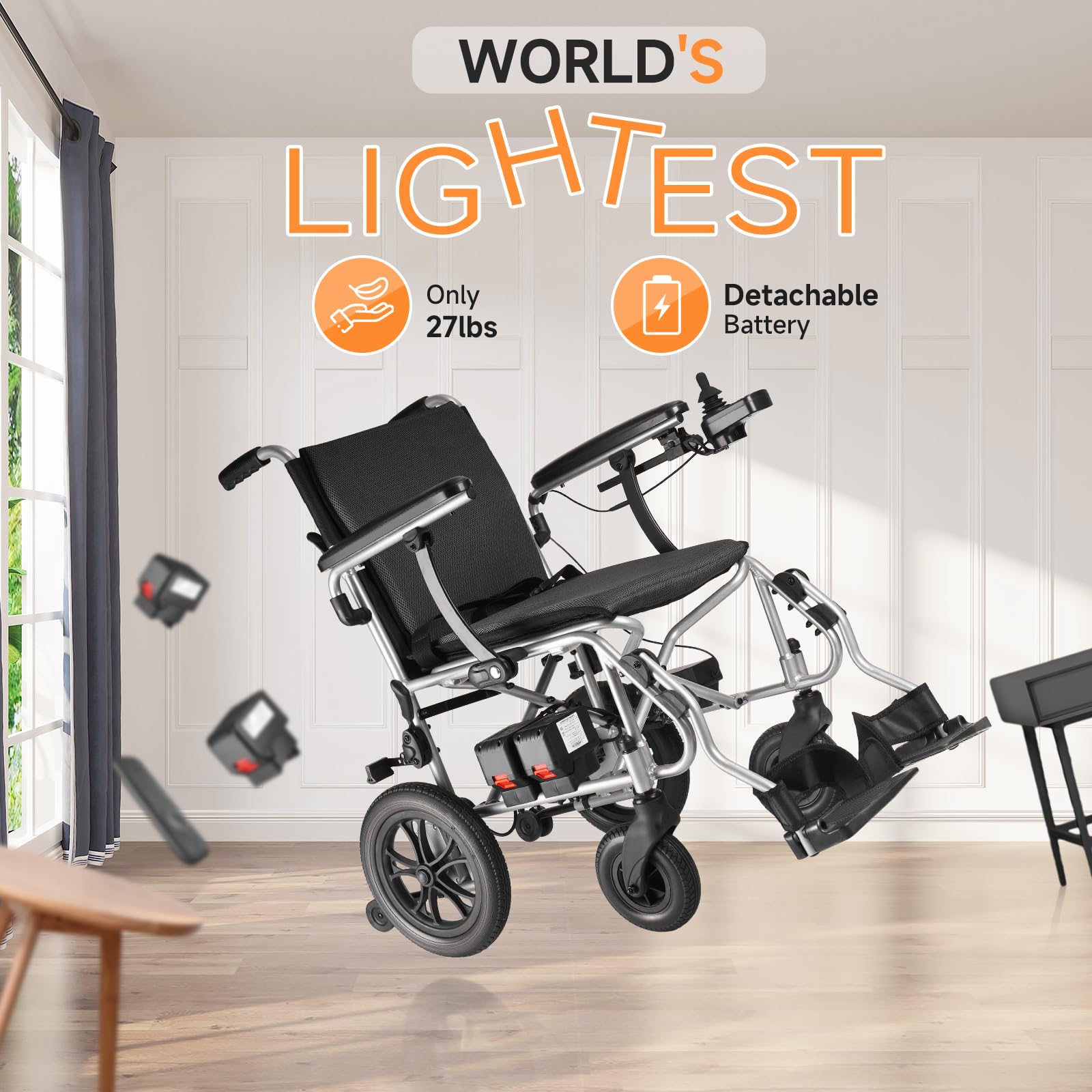 Zurcheel Ultra Lightweight 27 lbs Foldable Electric Wheelchair for Adults, Compact Portable Motorized Wheelchair for Seniors Power Wheelchair with Movable Battery