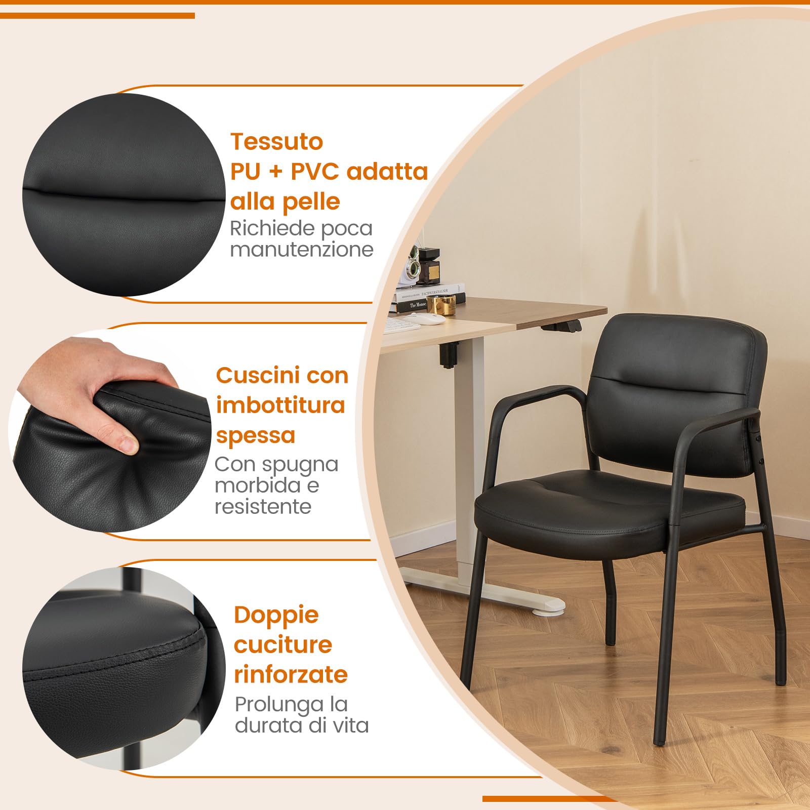 COSTWAY Set di 2 Sedie da Sala d'Attesa Imbottite, Sedie da Conferenza con Braccioli, con Gambe in Metallo, Sedie da Ufficio Portata 160 kg, 58 x 56 x 81 cm