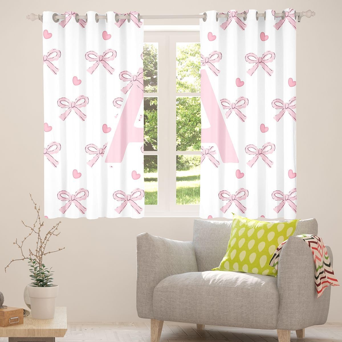 Feelyou Cute Pink Bow Blackout Curtains Personalized Initial A Darkening Drapes for Bedroom Living Room Decor Ribbon Bow Knot Thermal Insulated Shades Kawaii Window Treatments, 2 Panels 38 x 45 Inch image 4