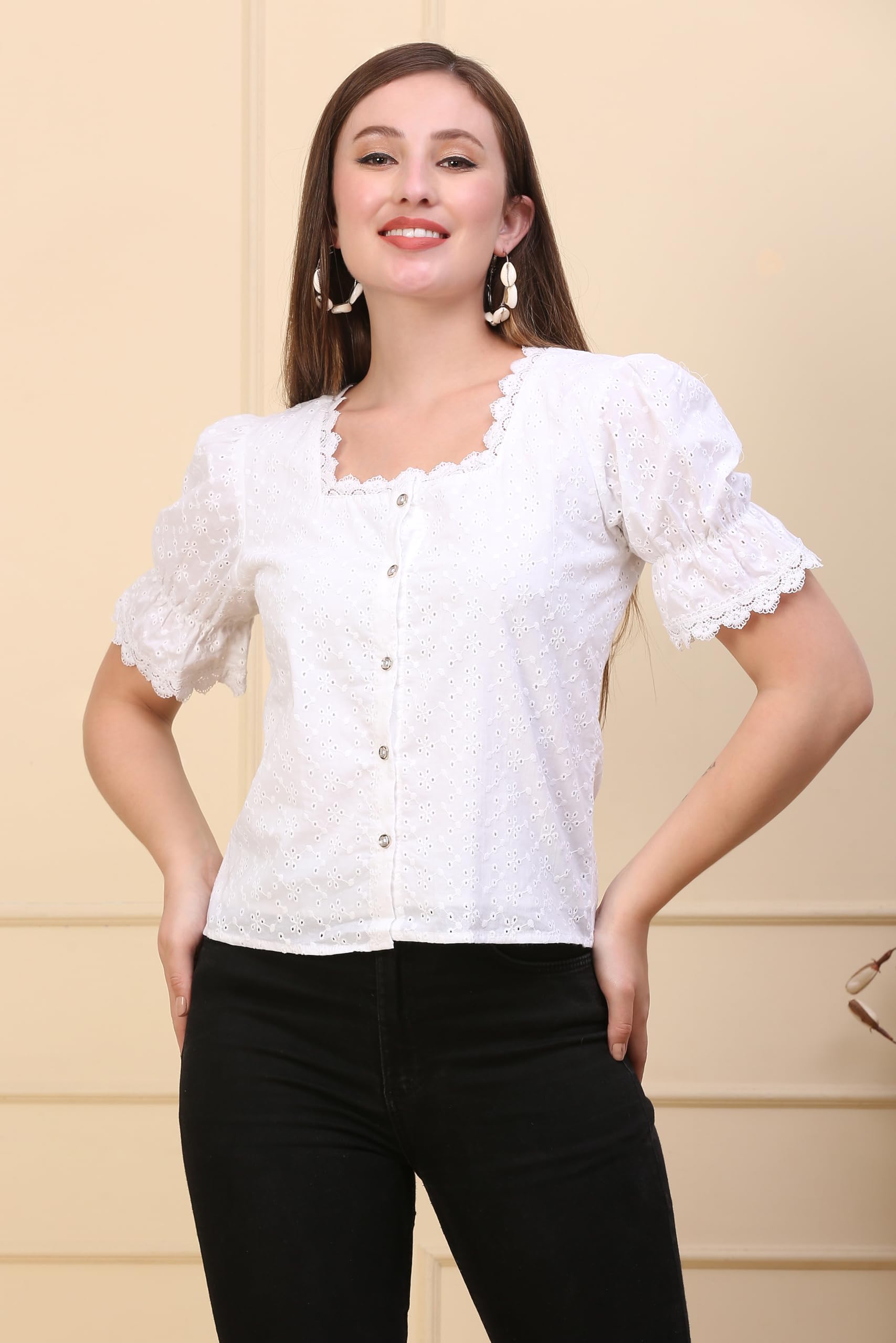 jc jummy couture Best Women Summer Casual Warty Wear White Embroidered Cotton Top (Large, White)-picture-11