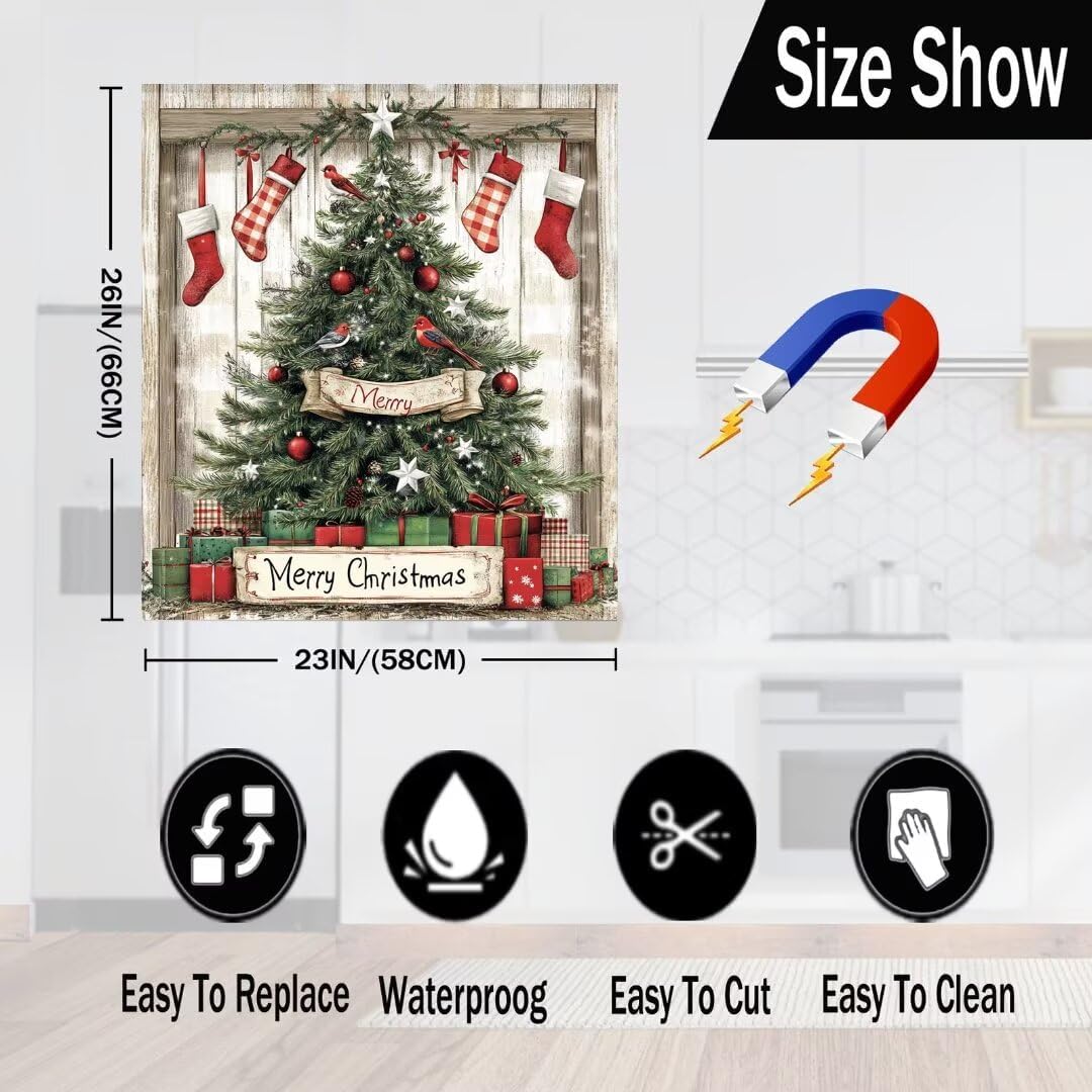 Vintage Wooden Door Xmax Tree Dishwasher Magnet Cover Decal, Christmas Tree Magnetic Dishwasher Stickers, Merry Christmas Vinyl Decal for Dishwasher, 23" W x 26" H Magnetic