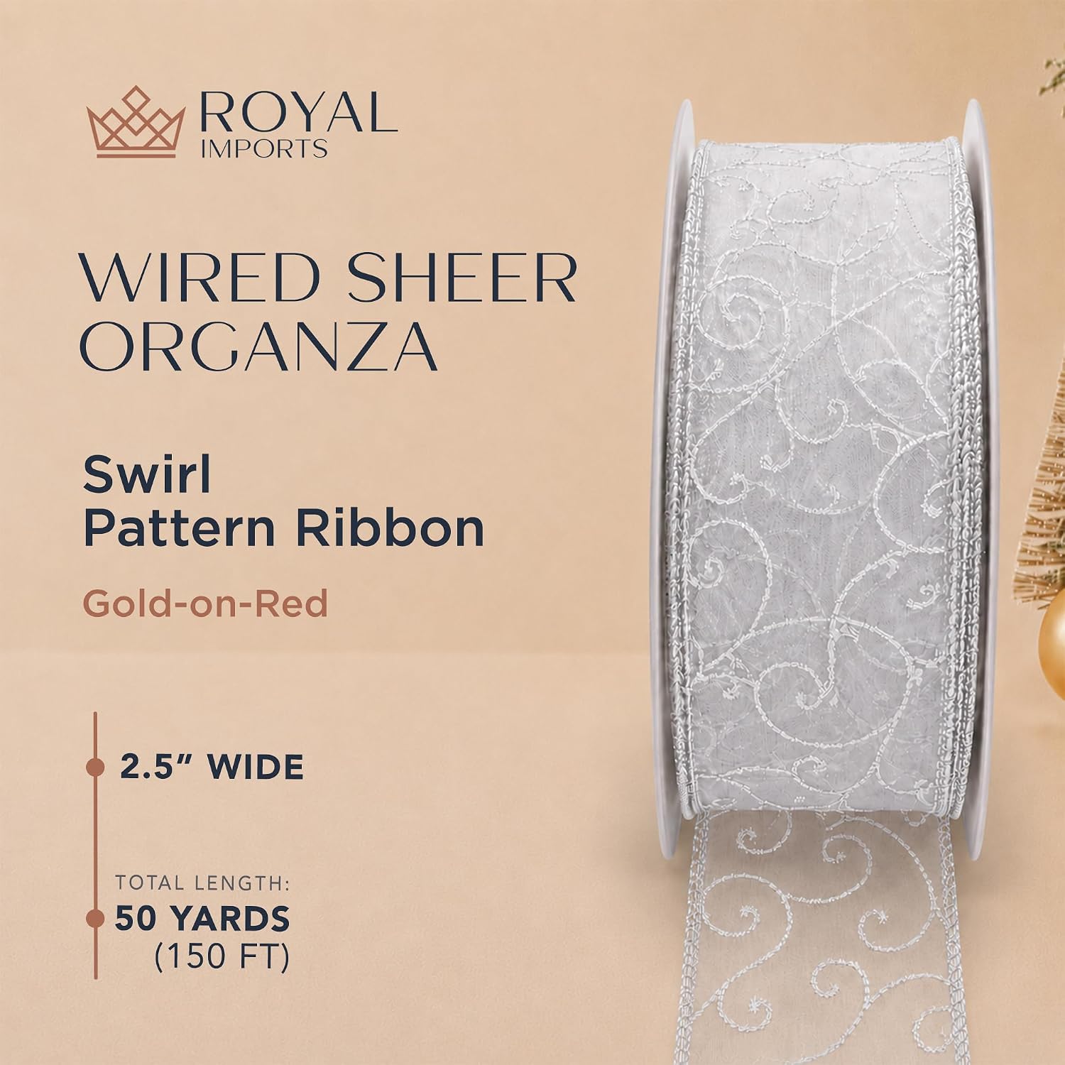 Royal Imports Glitter Organza Sheer Wired Ribbon 2.5"Wide 50Yd Silver Swirl image 2