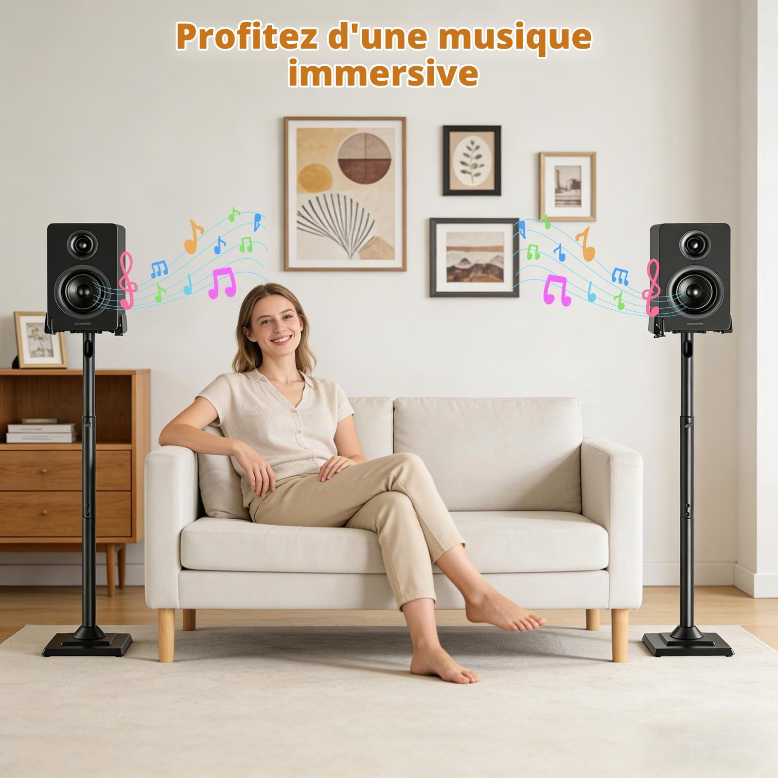 Support Enceinte Surround Lot de 2, Pied Enceintes Universel Hauteur Réglable 86-109 cm, Compatible avec Bose/JBL/Sony, Gestion des Câbles, Noir