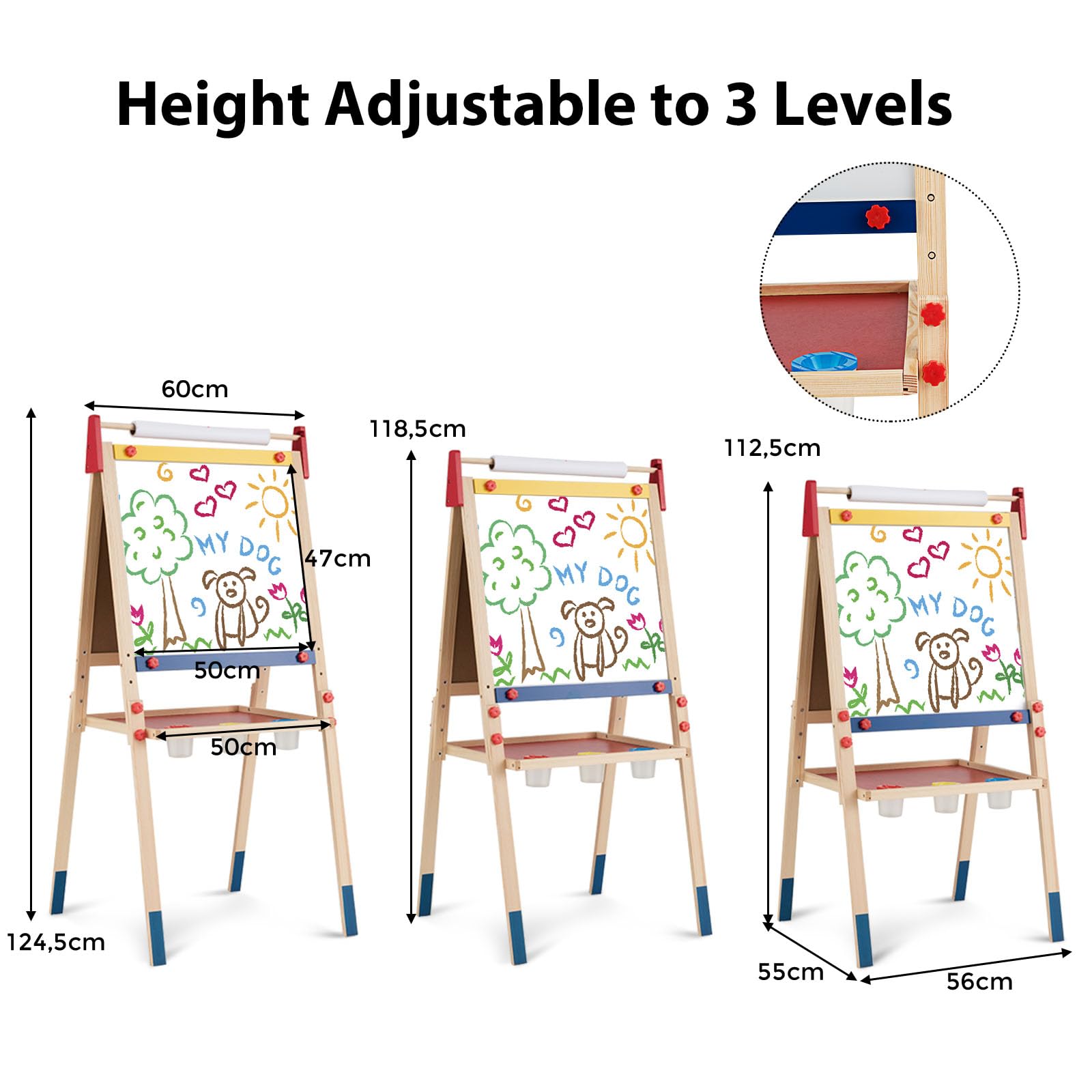 HOMASIS 3 in 1 Lavagna per Bambini con Rotolo di Carta, Cavalletto Pittura Bambini con Lavagna Doppia Faccia, Altezza e Ripiano Regolabile, Struttura in Legno di Pino, 60 x 55 x 112,5-124,5 cm