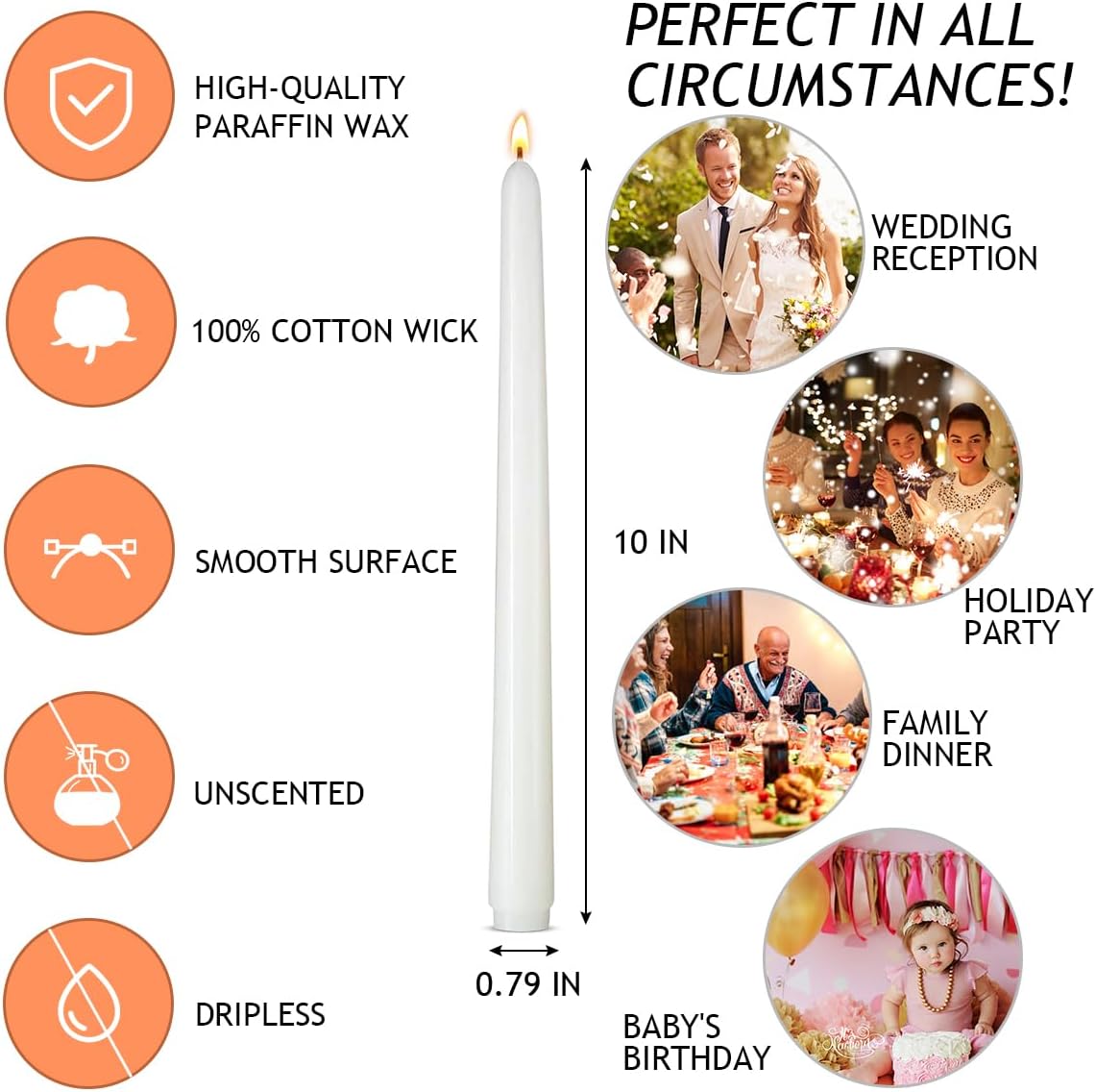 Set of 5 White Taper Candles, Dripless Unscented 10 Inch Tall Skinny Wax Candlesticks for Home Wedding Party Table Decor, 8 Hour Burn Time - Image 7