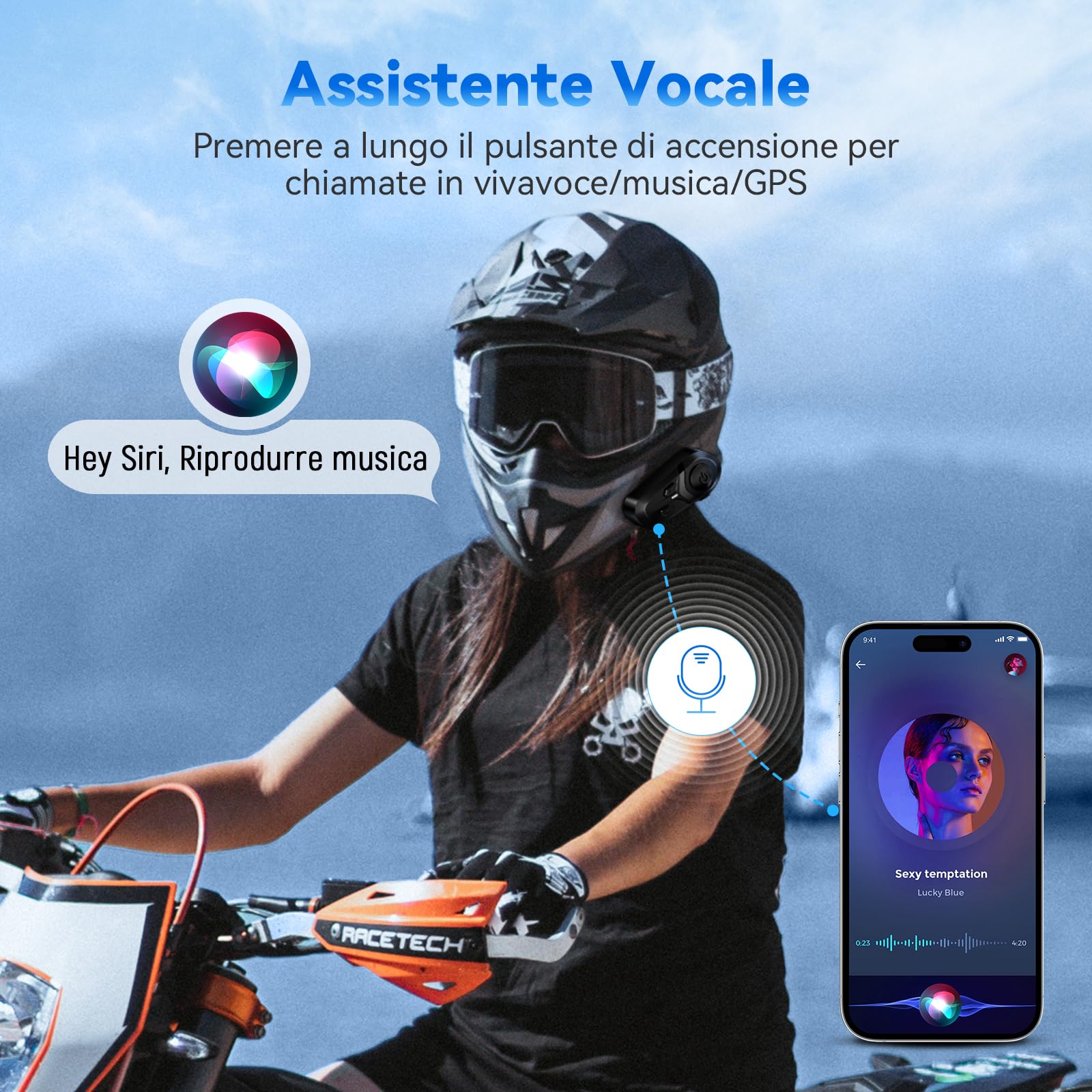 L1 Casco Moto Auricolari Bluetooth, Cuffie Bluetooth V5.3, Impermeabile IP67 con Altoparlanti Audio HD, Cancellazione del Rumore, Connettività a Doppio Dispositivo/Ricarica Rapida, Singola