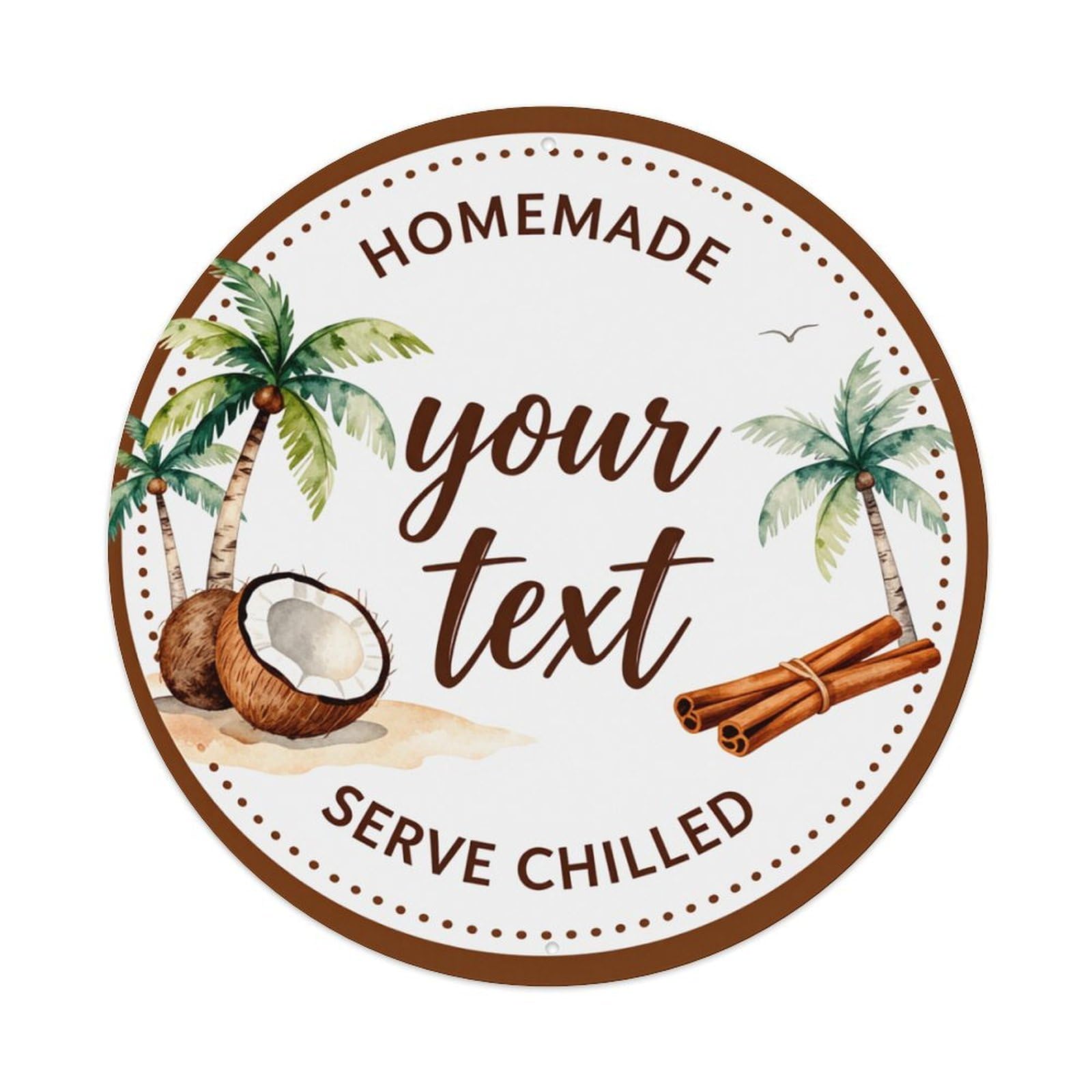 Coconut Palm Cinnamon Beach Label Round Tin Sign Retro Metal Sign for Cafe Bar Pub Home Game Room Gym Club Wall Decoration Vintage Metal Poster 8x8 Inch