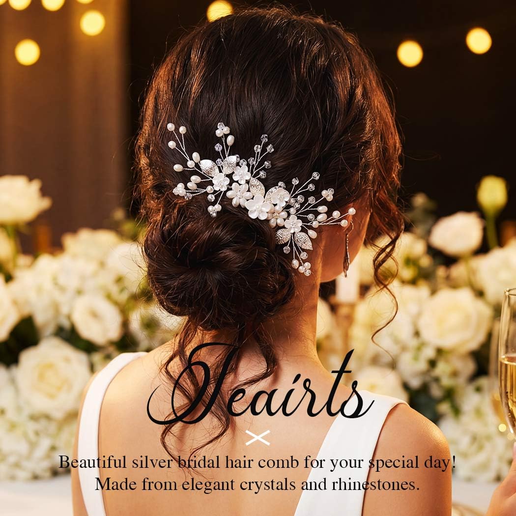 JEAIRTS Pearl Wedding Hair Comb Silver Bridal Flower Headpiece Crystal Leaf Hair Accessories for Women - Image 5
