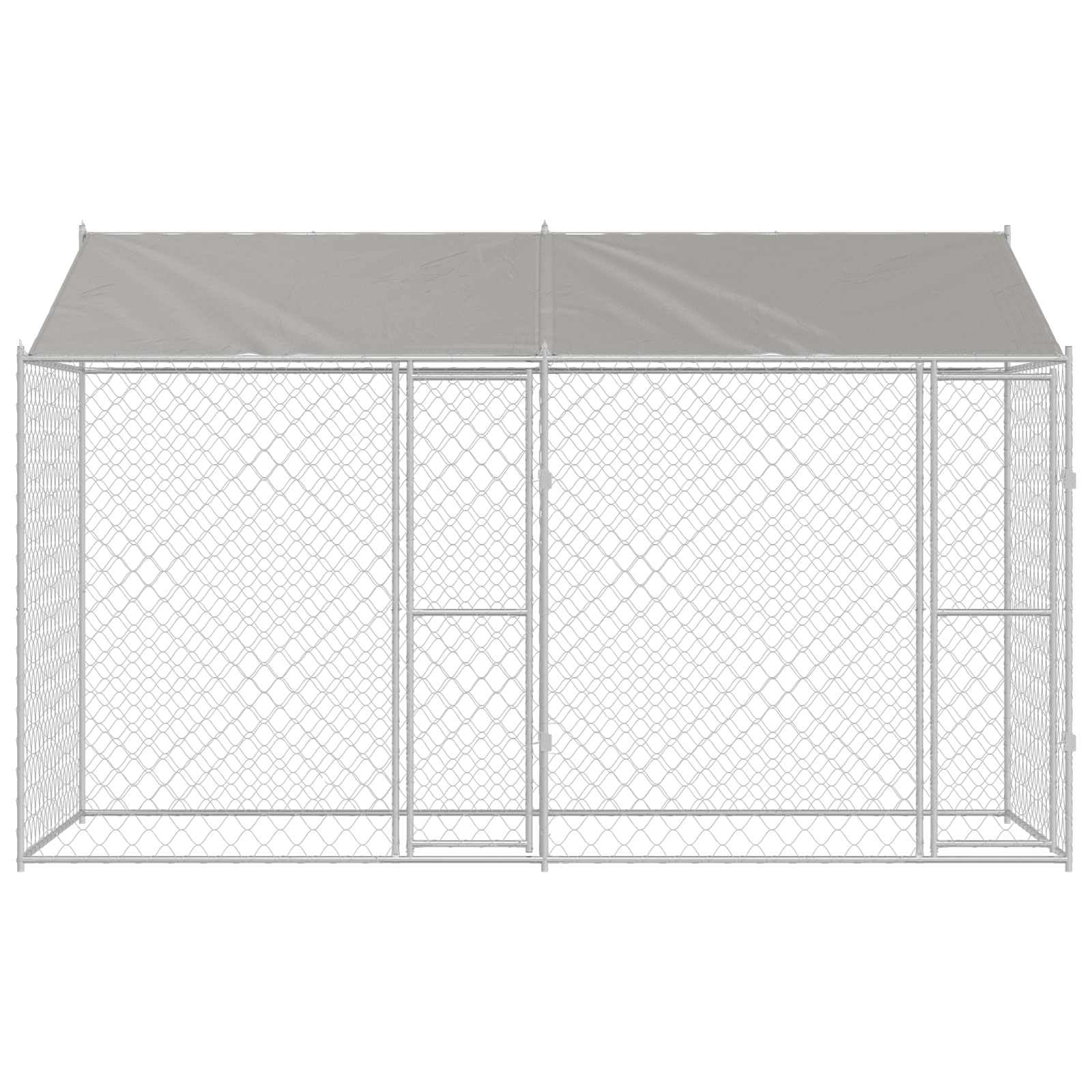 Klatka dla psa z dachem, srebrna, 400 x 200 x 256 cm, stal i PE, odporna na warunki atmosferyczne, wybieg dla psa z elementami kratowymi, do ogrodu i na zewnątrz, zamykane drzwi, przestronny