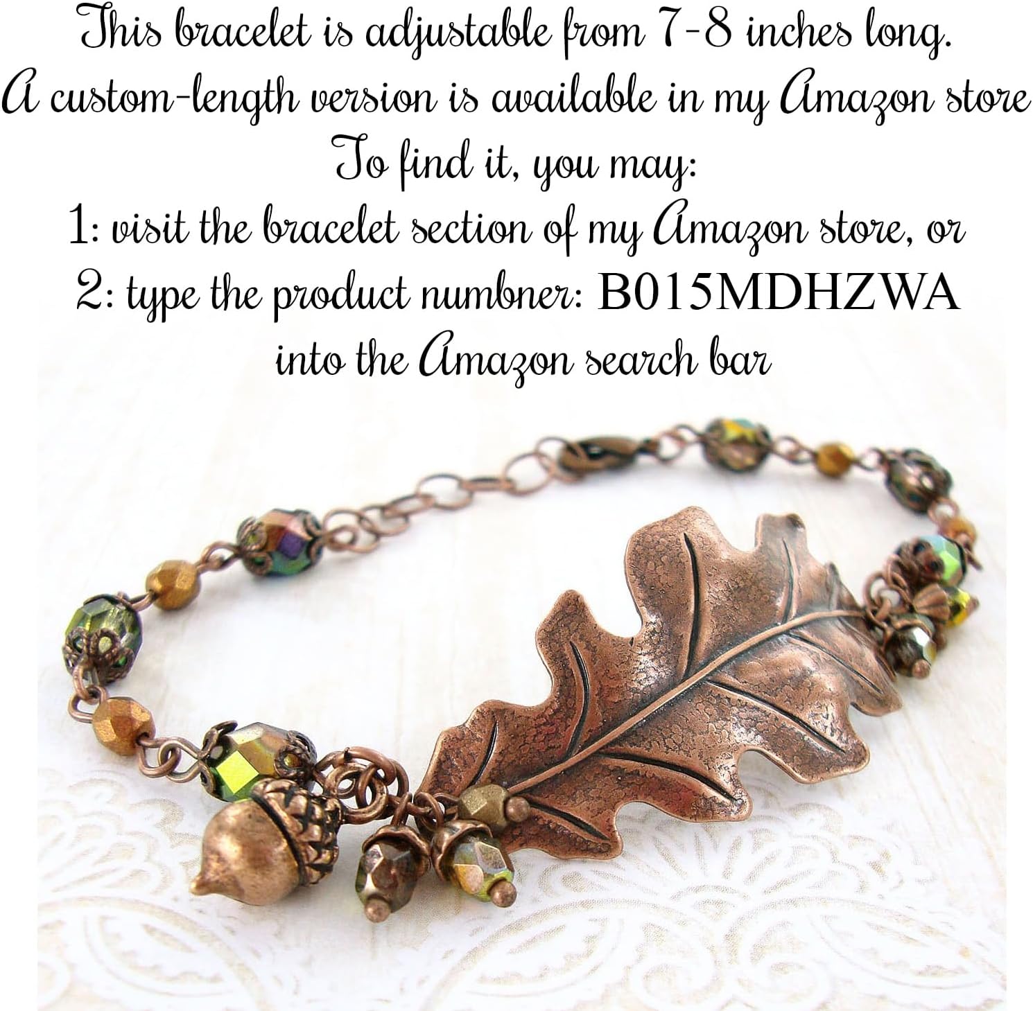 Autumn Oak Leaf Bracelet with Iridescent Green Czech Glass Beads Adjustable from 7 to 8 Inches