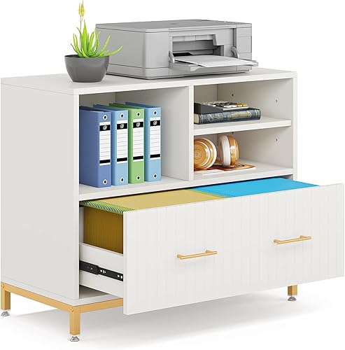 Miniatura 8 de Tribesigns Archivador lateral con cajón, archivador blanco con barra ajustable para colgar archivos de tamaño cartaA4, soporte de madera de 35.4
