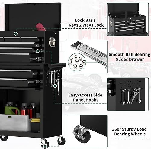 Miniatura 4 de Cofre de herramientas resistente de 8 cajones con ruedas, caja de herramientas industrial, cajones con cerradura y sistema de deslizamiento suave
