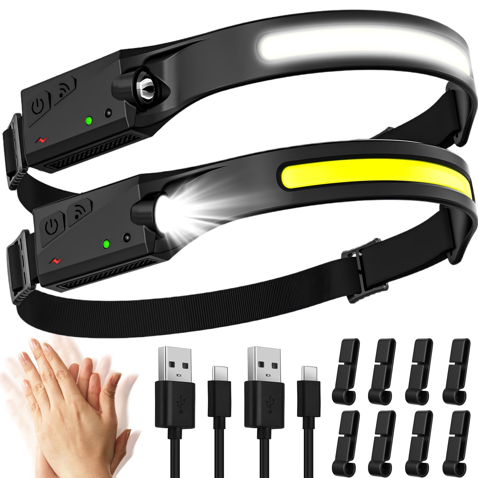 2 Stück Stirnlampe LED Wiederaufladbar,SuperHell 2000 Lumens 5 Lichtmodi 1200mAh 230°Ultra Leichtgewicht Stirnlampe,IPX4 Wasserdichter Kopflampe Stirnlampe,Ideal für Camping,Laufen,Angeln,Joggen