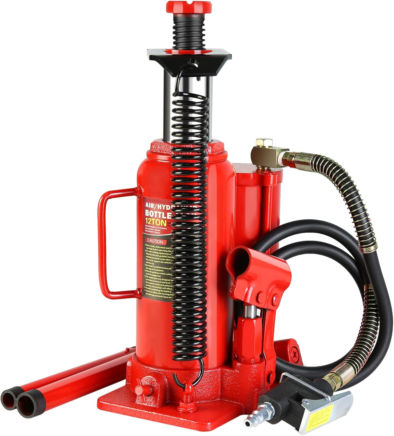 Pneumatic Air Hydraulic Bottle Jack with Manual Hand Pump, 12 Ton (24,000 lb) Bottle Jack for Auto, Truck, Travel Trailer, Red