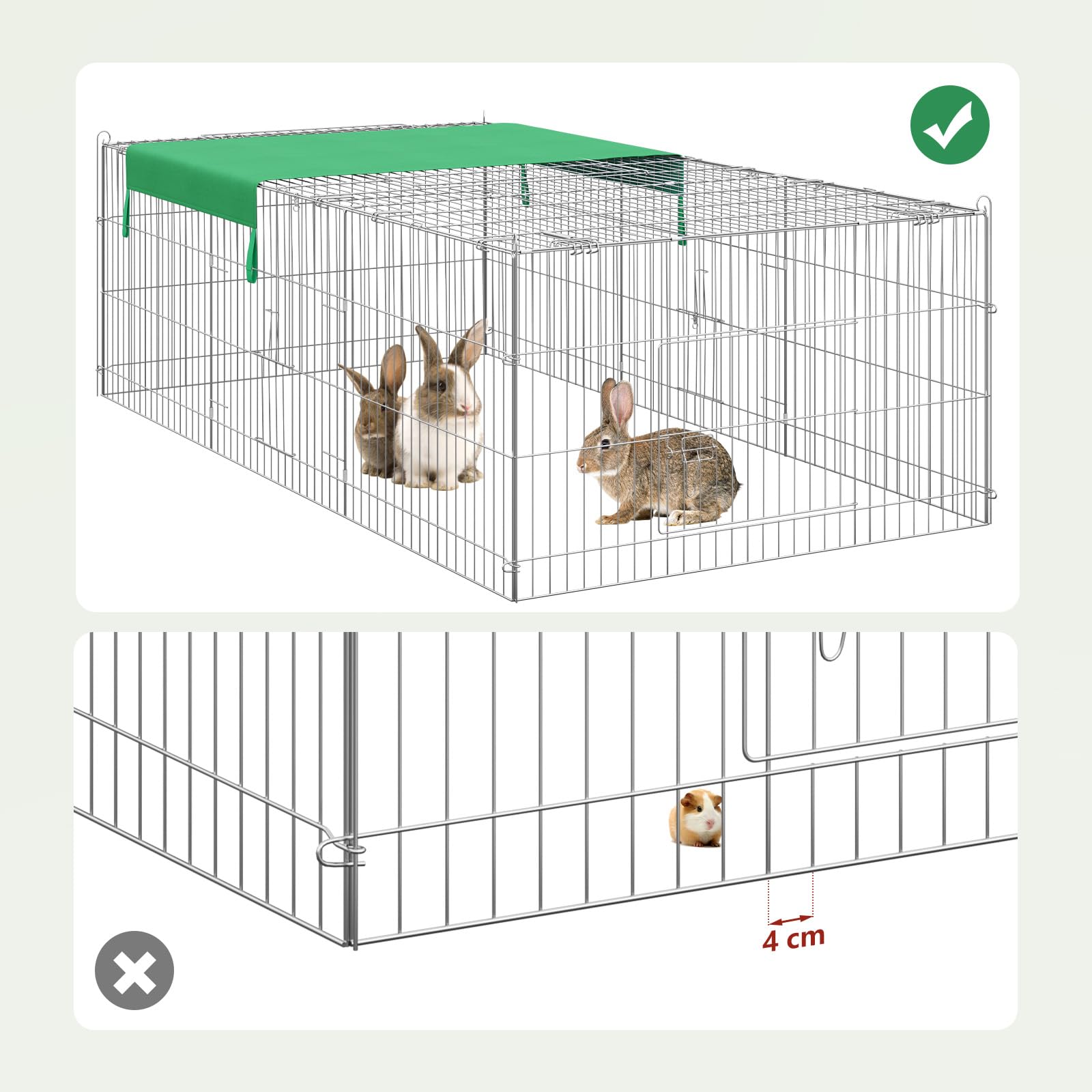 EUGAD Recinto per Piccoli Animali, Recinto per Cani da Giardino, Gabbia per Animali Domestici, Conigli, Gatti, Cuccioli, Porte con Chiavistello e Parasole, in Fili Metallici, 216x116x65cm