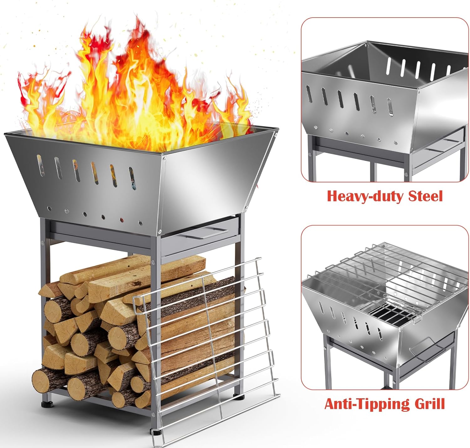 24 Inch Stainless Steel Outdoor Fire Pit with Grill 3-in-1 Wood Burning Fire Pits for Outside Square Firepit with Wood Storage and Ash Pan for Camping Patio Bonfire and BBQ