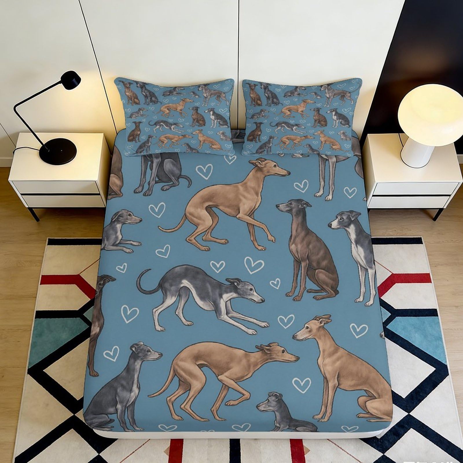 3D Printed Greyhound Dog Fitted Sheet Microfiber Non-Slip Blue Mattress Cover for Bedroom Guest Room Decor 160x200x25cm