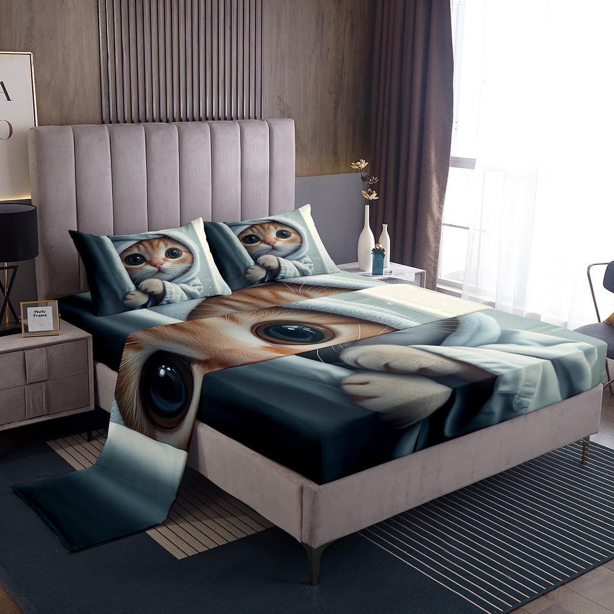 jejeloiu Funny Cat Bed Sheets Set Twin Size Kids Cute Kitten Fitted Sheet with Deep Pocket for Boys Girls Teens Animals Bedding Set Breathable Cat Lover's Gift