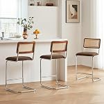 GrandNoor Tabourets de bar modernes de comptoir Brown 3 avec canne à rotin naturelle et dos en bois massif, 24 Revêtement en tissu de bouton de pouce